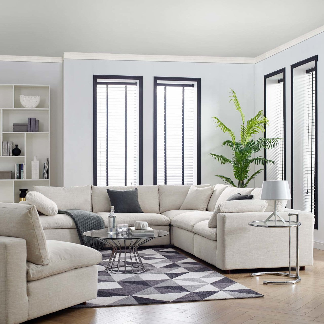 Commix Down Filled Overstuffed 5 Piece Sectional Sofa Set, Fabric, Beige 15741