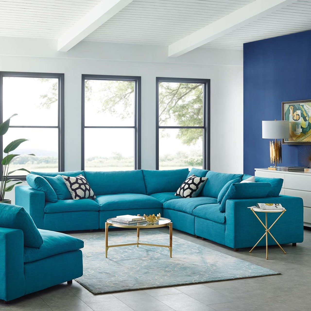 Commix Down Filled Overstuffed 5 Piece Sectional Sofa Set, Fabric, Aqua Blue 15743