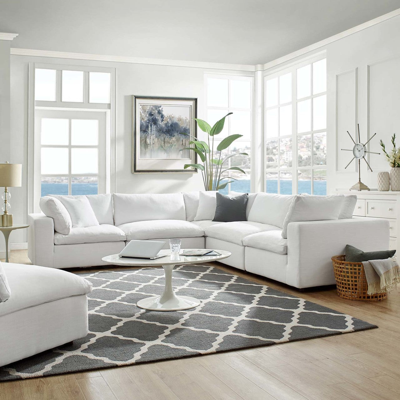 Commix Down Filled Overstuffed 5 Piece Sectional Sofa Set, Fabric, White 15744