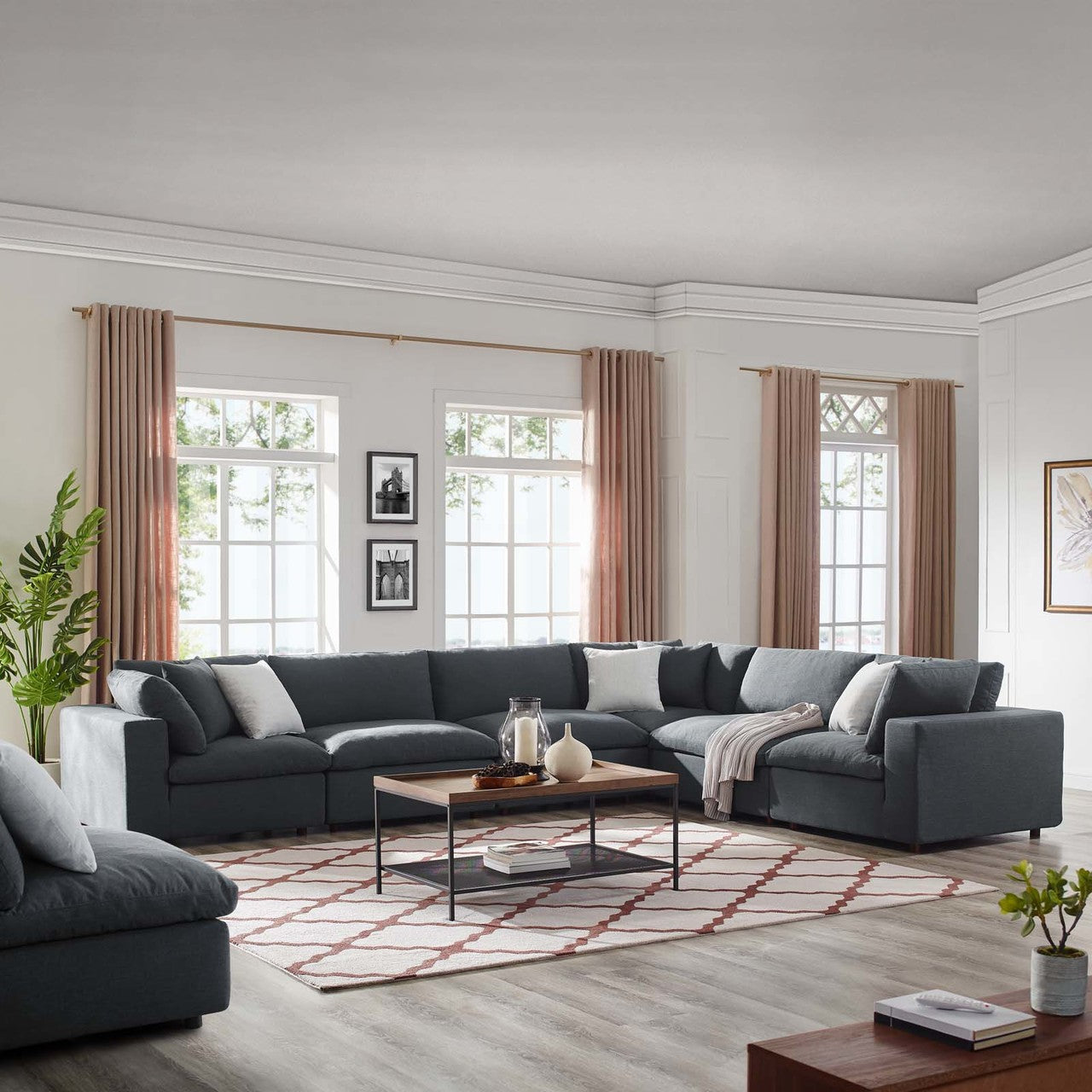 Commix Down Filled Overstuffed 6 Piece Sectional Sofa Set, Fabric, Grey Gray 15751