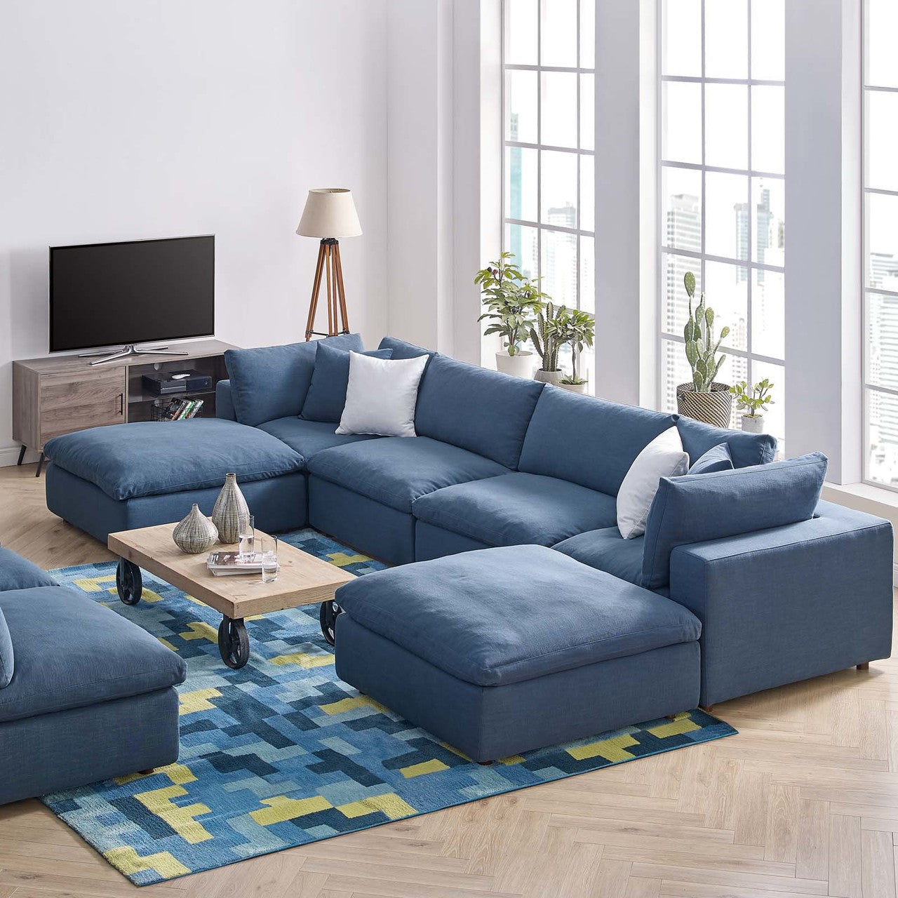 Commix Down Filled Overstuffed 6 Piece Sectional Sofa Set, Fabric, Navy Blue 15754