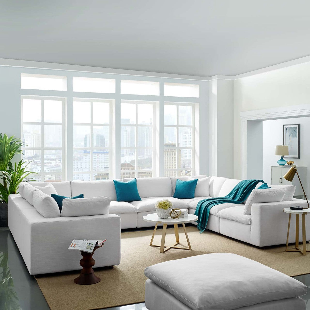 Commix Down Filled Overstuffed 8 Piece Sectional Sofa Set, Fabric, White 15761