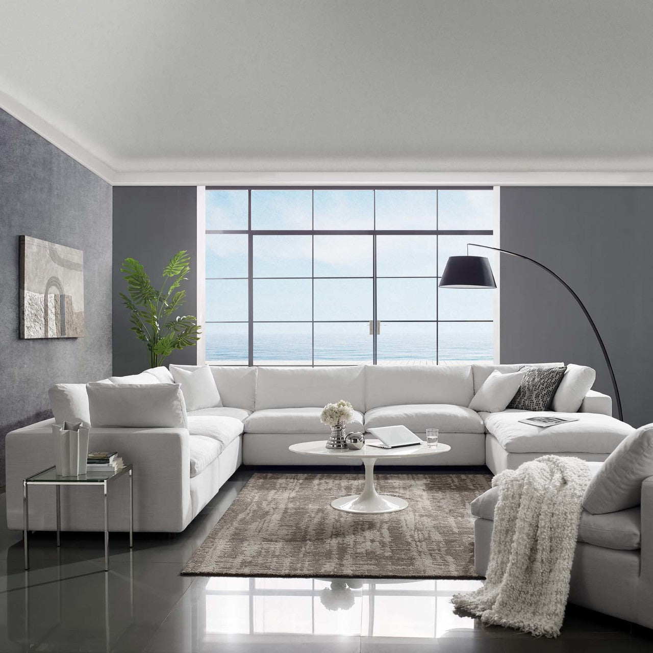 Commix Down Filled Overstuffed 7 Piece Sectional Sofa Set, Fabric, White 15765