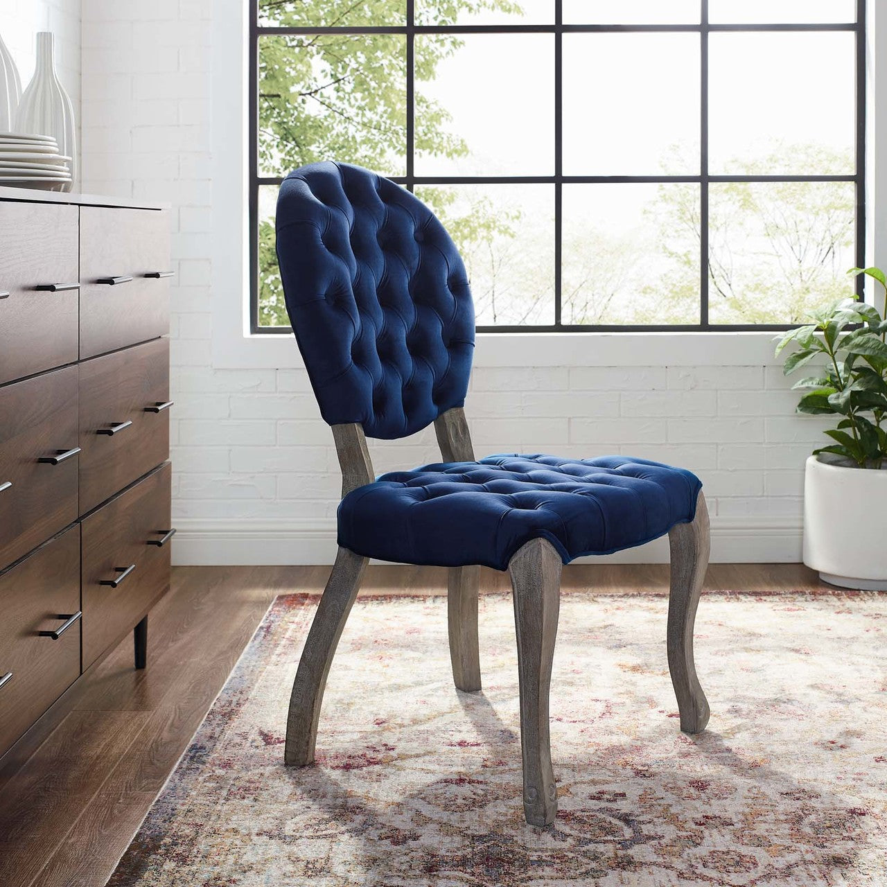 Exhibit French Vintage Dining Performance Velvet Side Chair, Velvet Fabric Wood, Navy Blue 15392
