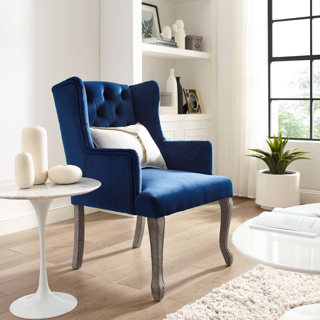 Realm French Vintage Dining Performance Velvet Armchair, Velvet Fabric Wood, Navy Blue 15396