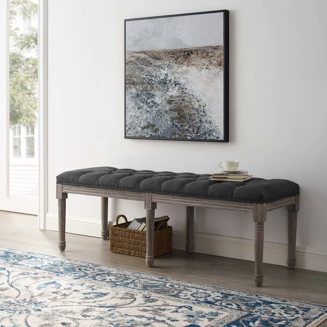 Province French Vintage Performance Velvet Bench, Velvet Fabric, Grey Gray 15401