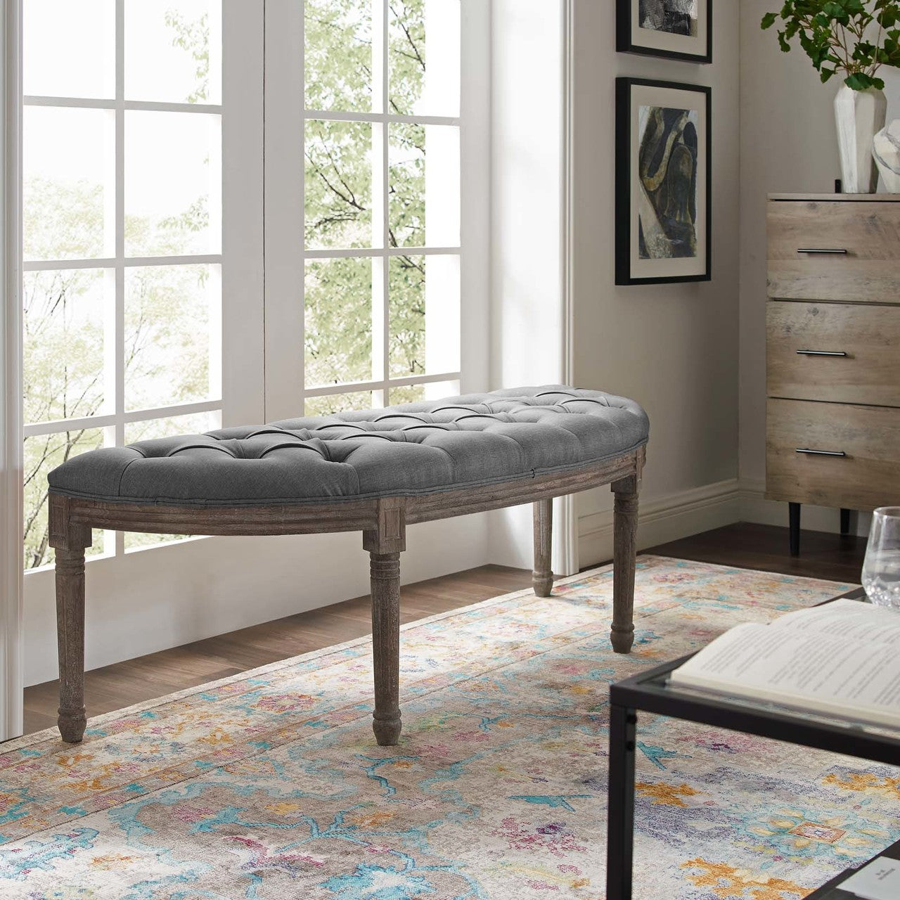 Esteem Vintage French Upholstered Fabric Semi-Circle Bench, Fabric Wood, Light Grey Gray 15406