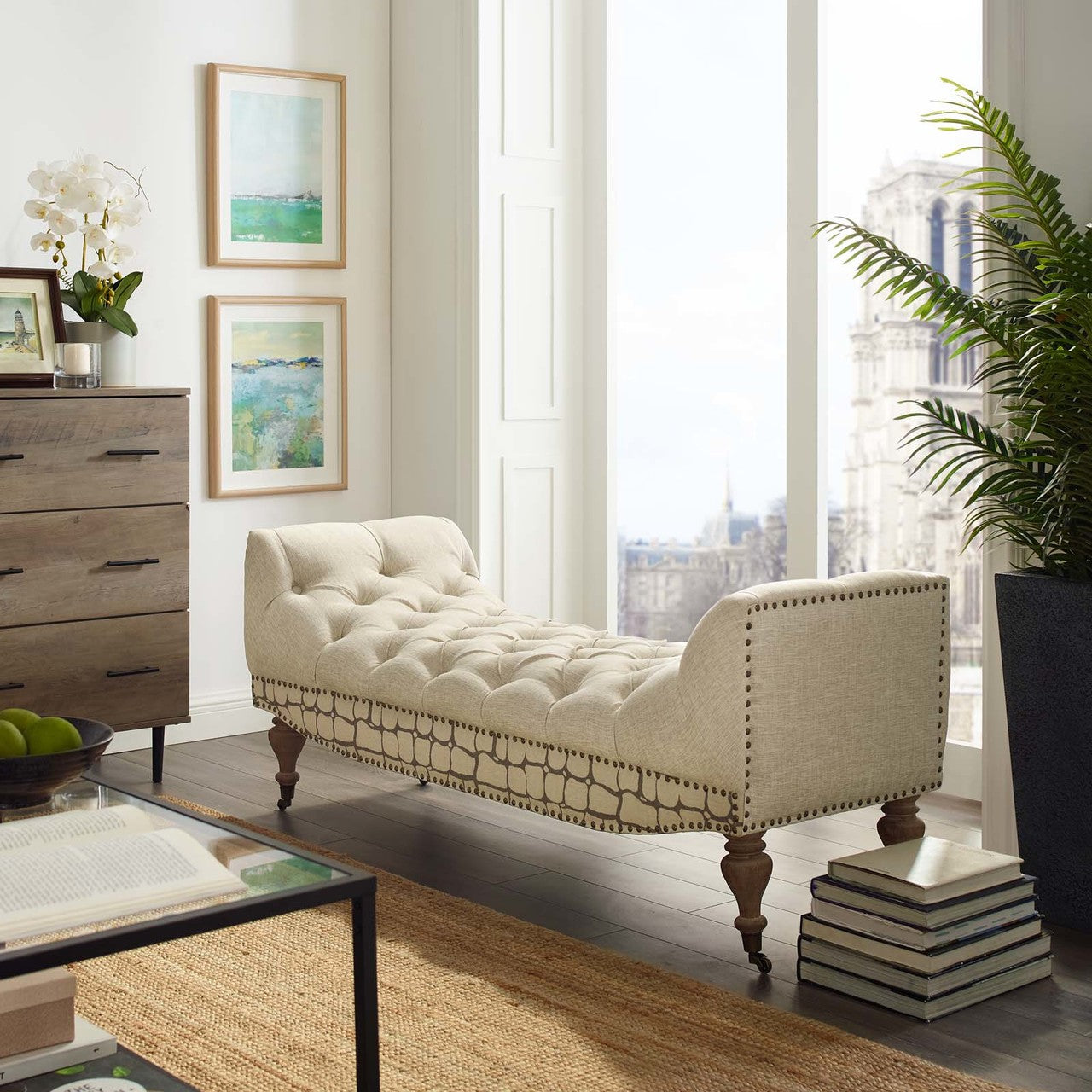 Roland Vintage French Upholstered Fabric Bench, Fabric Wood, Beige 15766