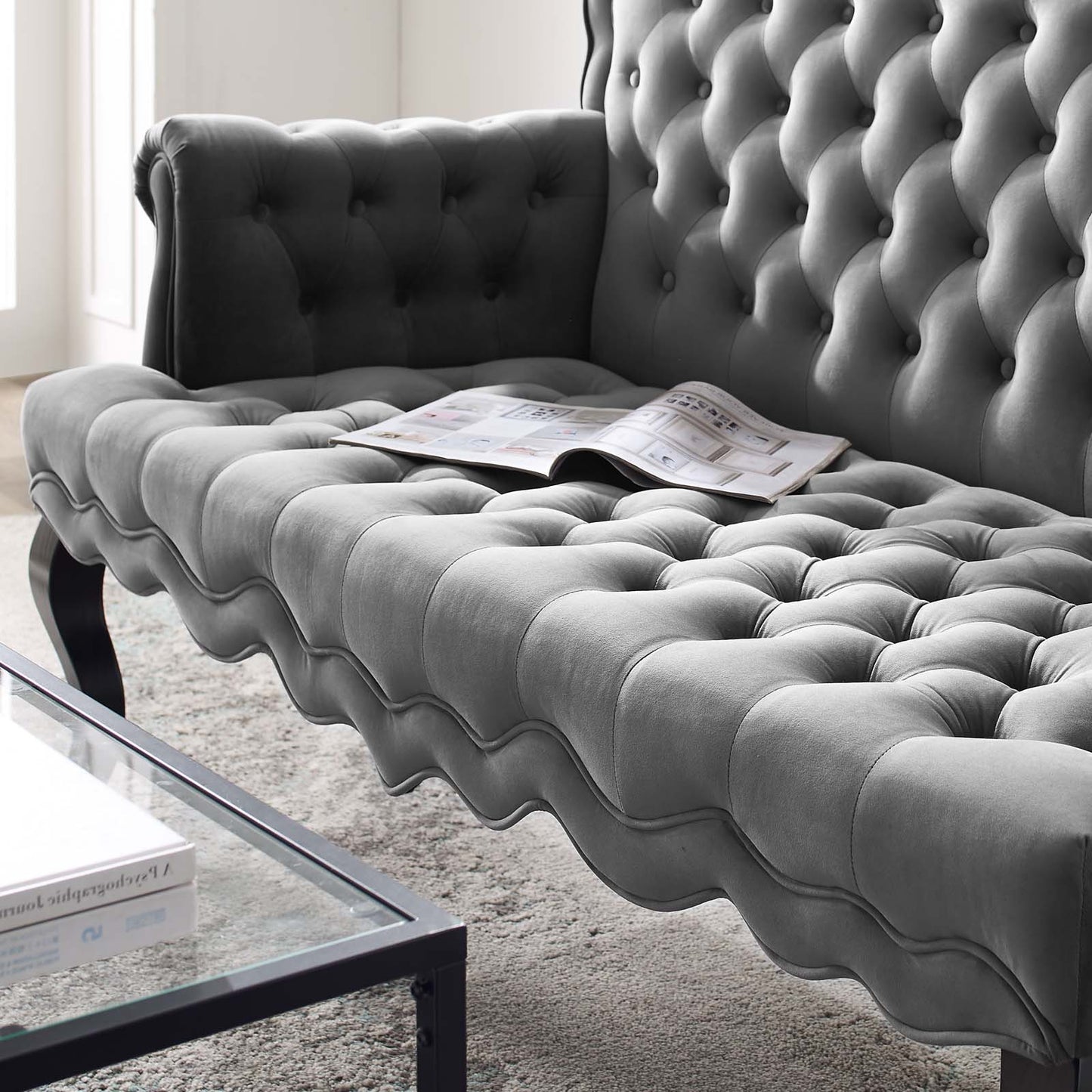 Viola Chesterfield Button Tufted Loveseat Performance Velvet Settee, Velvet Fabric, Grey Gray, 17316