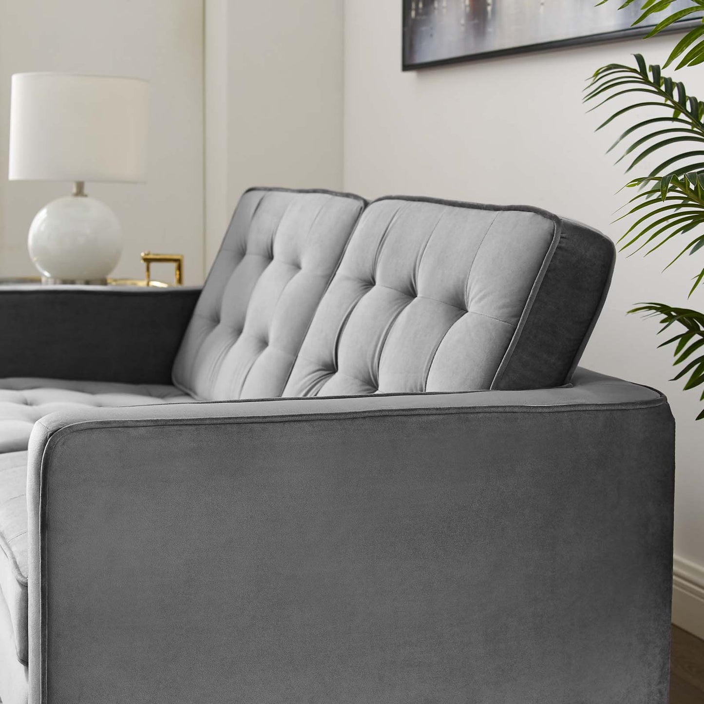 Loft Gold Stainless Steel Leg Performance Velvet Loveseat, Velvet Fabric, Gold Grey Gray, 17328