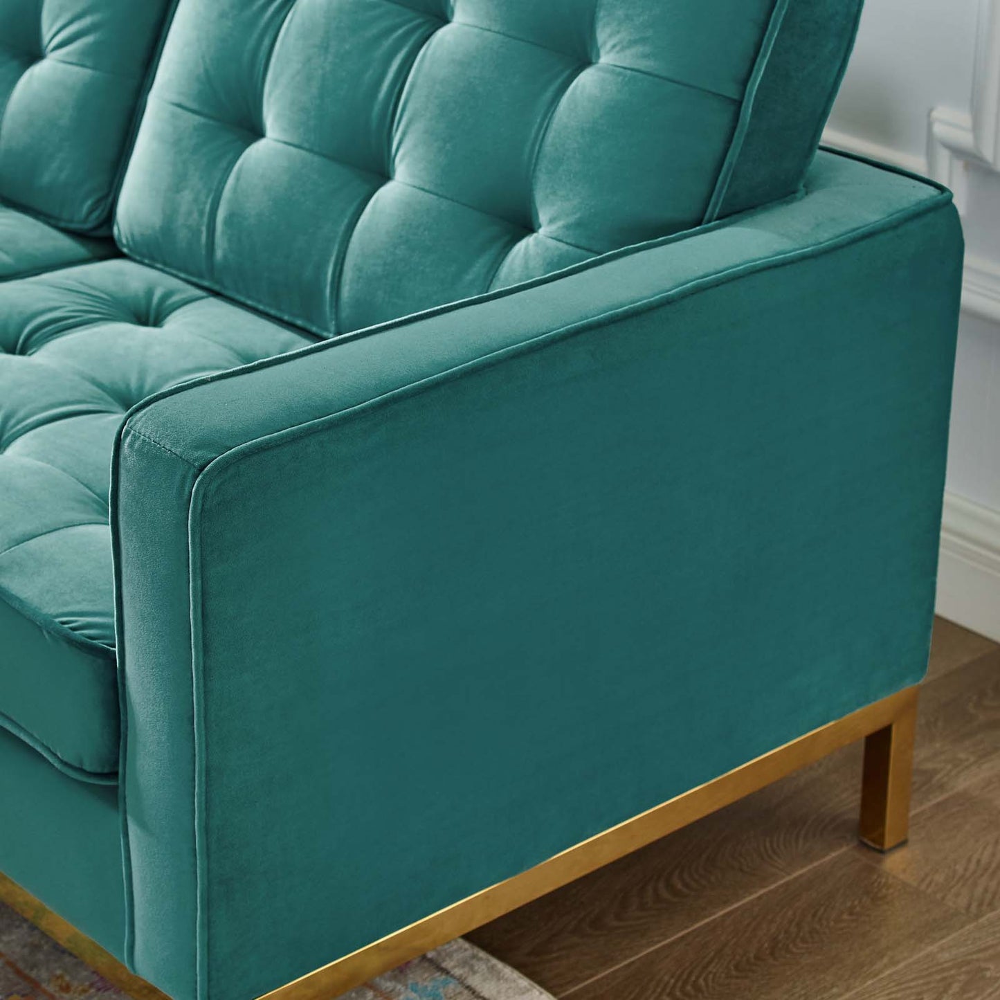 Loft Gold Stainless Steel Leg Performance Velvet Loveseat, Velvet Fabric, Gold Aqua Blue, 17330