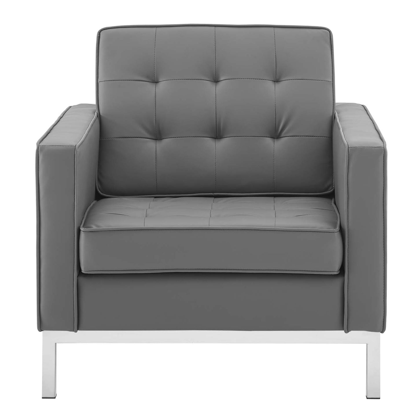 Loft Tufted Button Upholstered Faux Leather Armchair, Faux Vinyl Leather, Grey Gray Silver, 17332