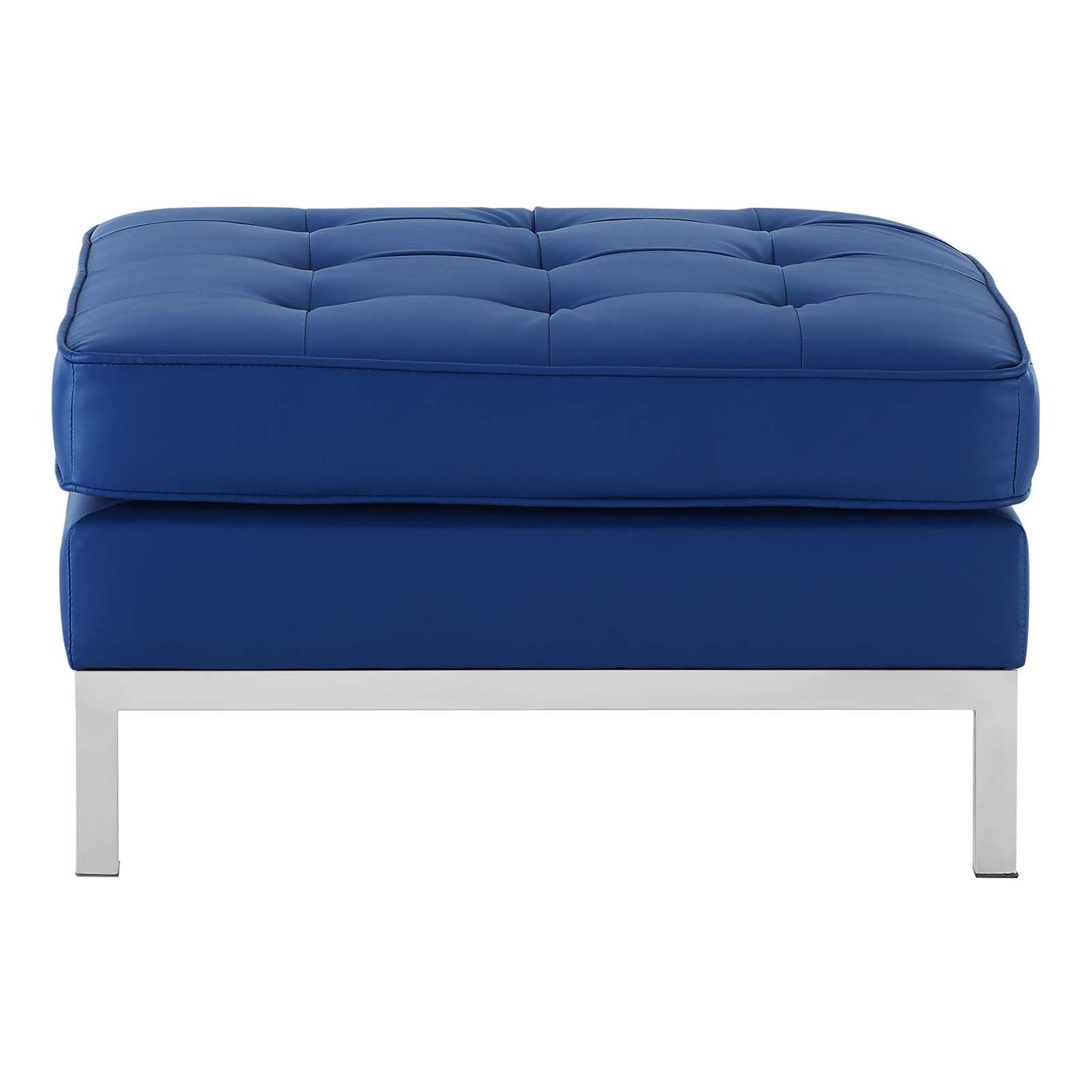 Loft Tufted Button Upholstered Faux Leather Ottoman, Faux Vinyl Leather, Navy Blue Silver, 17340