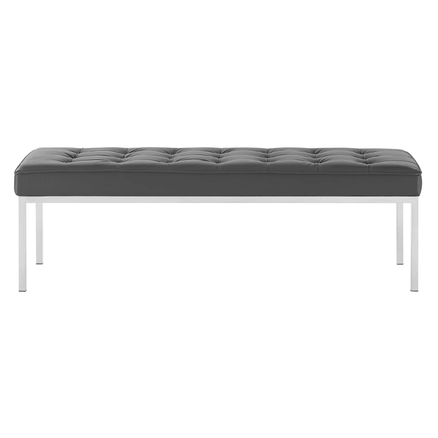 Loft Tufted Button Large Upholstered Faux Leather Bench, Faux Vinyl Leather Metal Steel, Grey Gray Silver, 17342