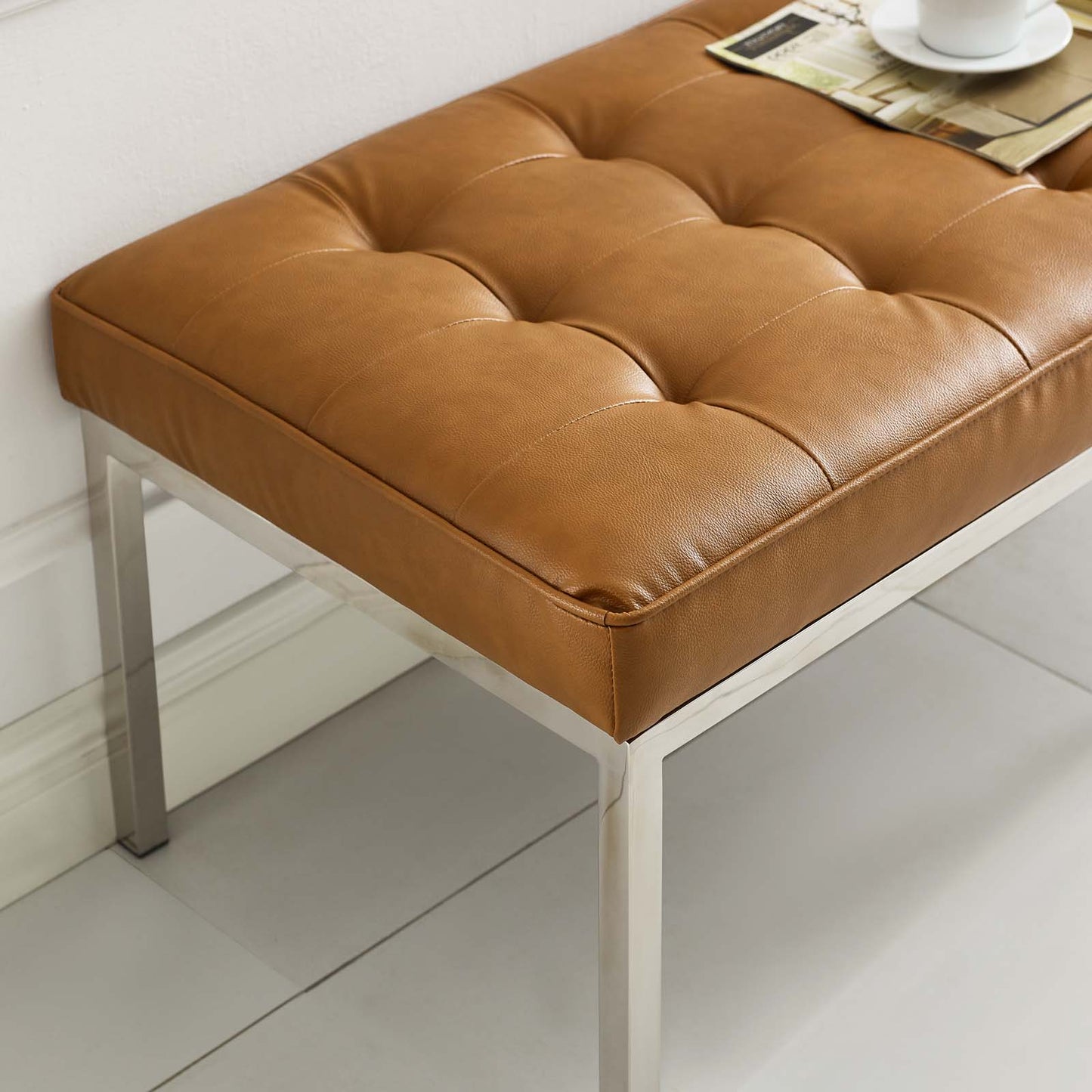 Loft Tufted Large Upholstered Faux Leather Bench, Faux Vinyl Leather Metal Steel, Tan Brown, 17810