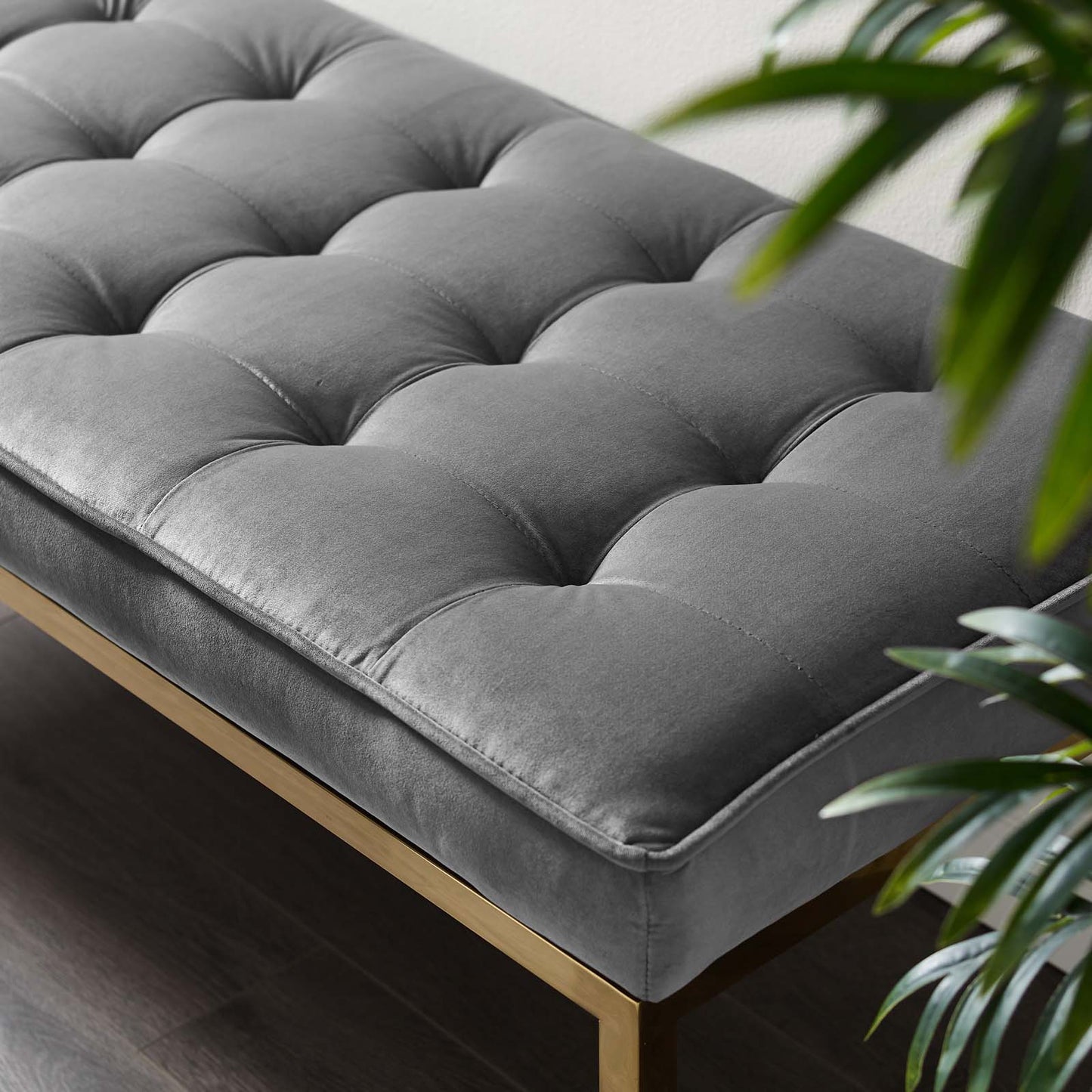 Loft Gold Stainless Steel Leg Large Performance Velvet Bench, Velvet Fabric Metal Steel, Gold Grey Gray, 17811