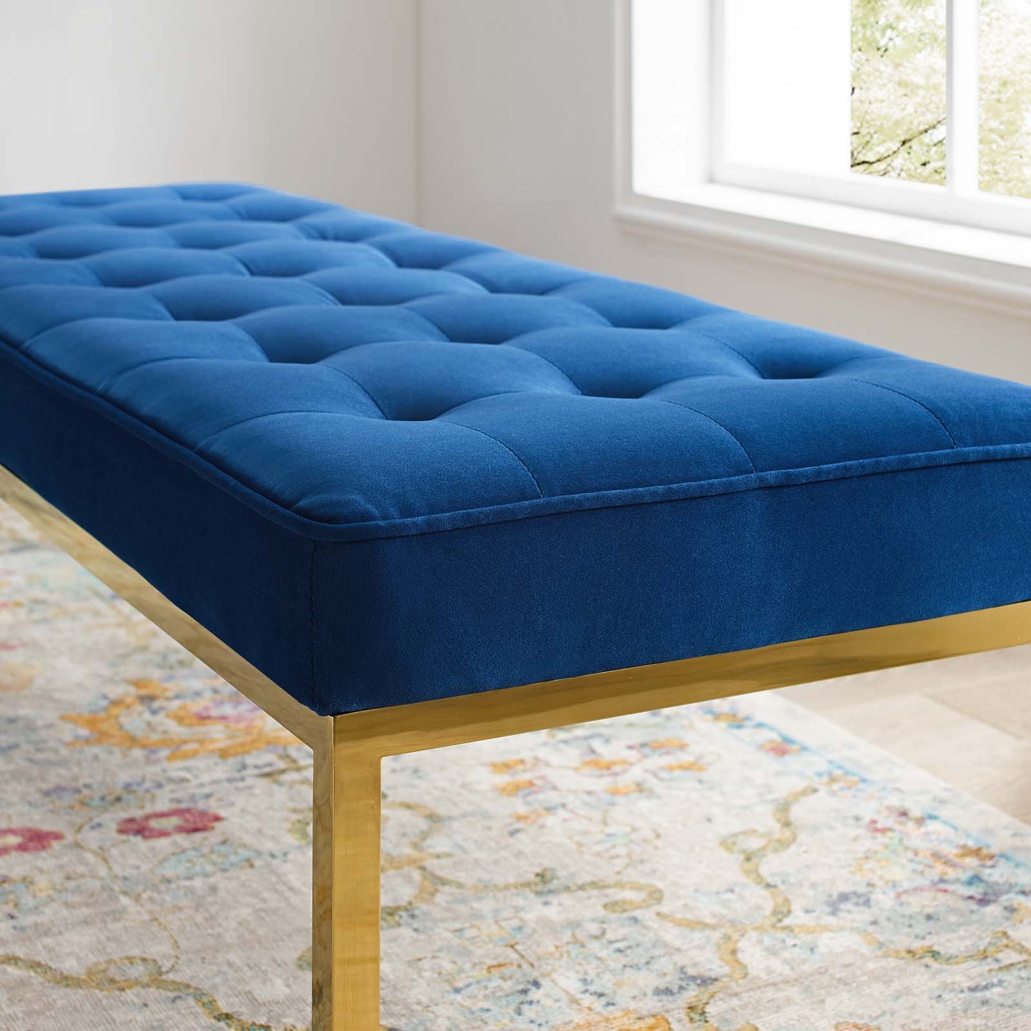 Loft Gold Stainless Steel Leg Large Performance Velvet Bench, Velvet Fabric Metal Steel, Gold Blue Navy, 17345