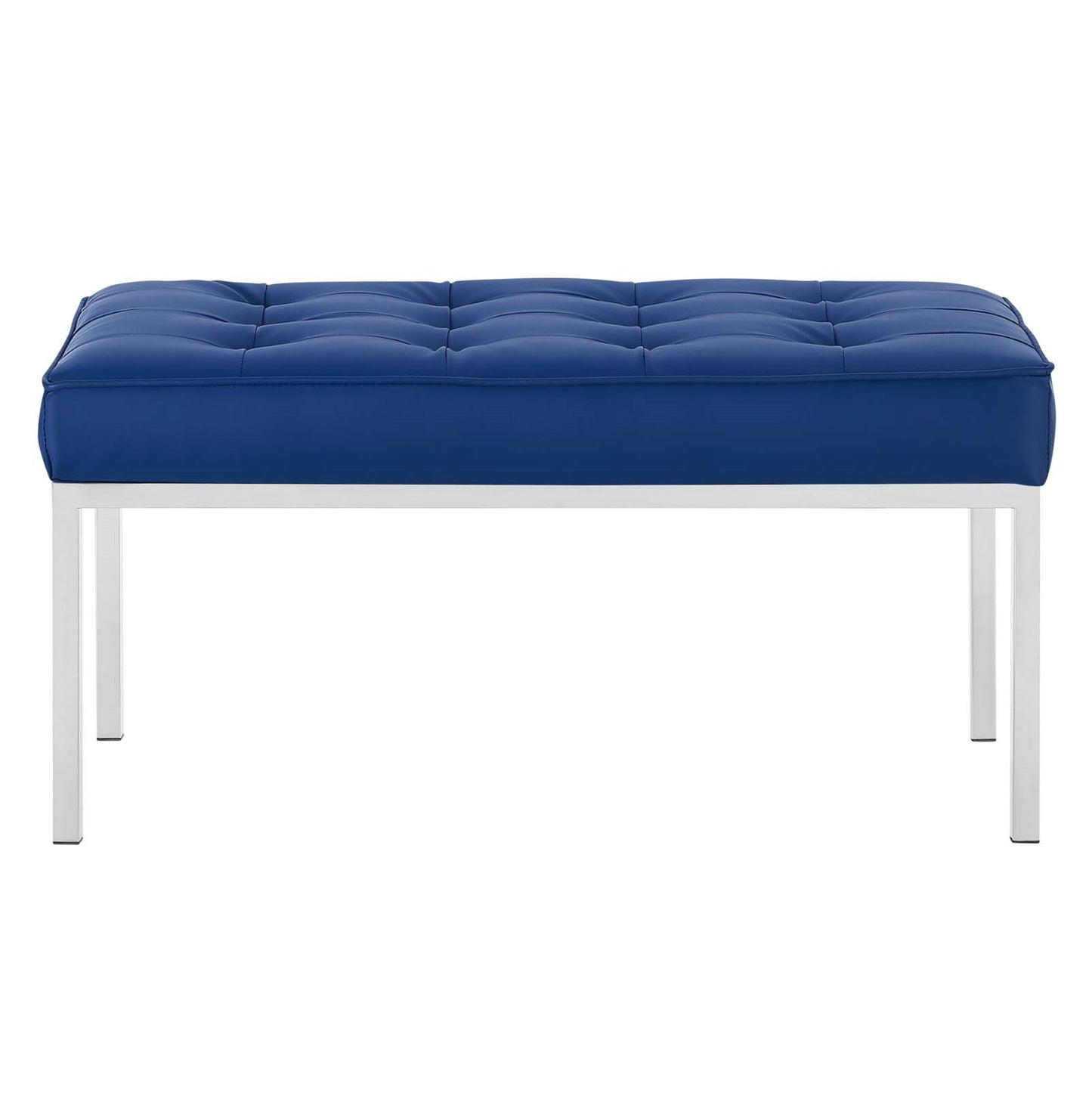Loft Tufted Button Medium Upholstered Faux Leather Bench, Faux Vinyl Leather Metal Steel, Navy Blue Silver, 17348