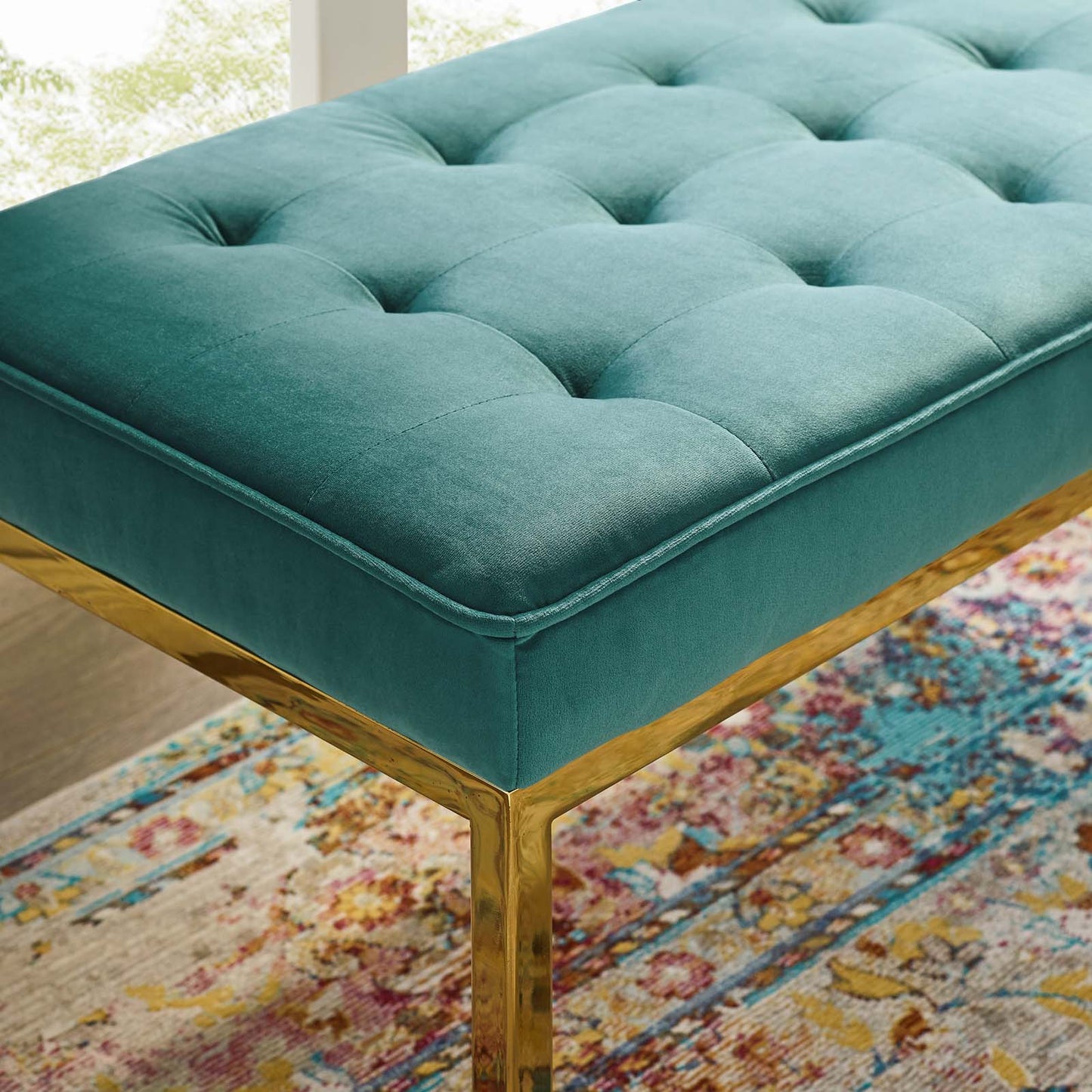 Loft Gold Stainless Steel Leg Medium Performance Velvet Bench, Velvet Fabric, Gold Aqua Blue, 17352