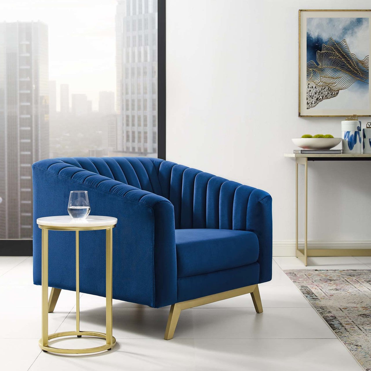 Valiant Vertical Channel Tufted Performance Velvet Armchair, Velvet Fabric Metal Steel, Navy Blue 15787