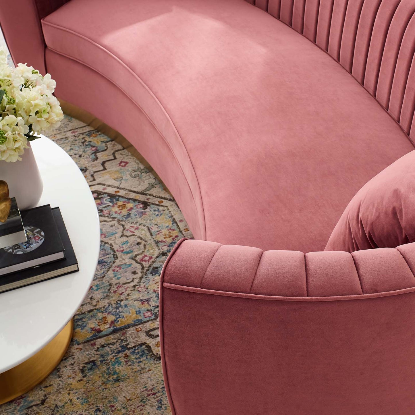 Enthusiastic Vertical Channel Tufted Curved Performance Velvet Sofa, Velvet Fabric Metal Steel, Pink, 17354