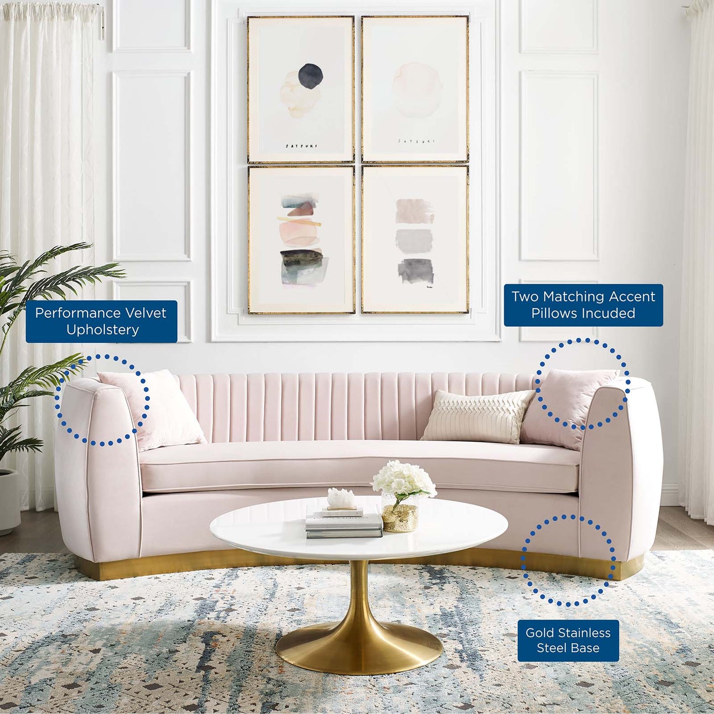 Enthusiastic Vertical Channel Tufted Curved Performance Velvet Sofa, Velvet, Pink, 18190