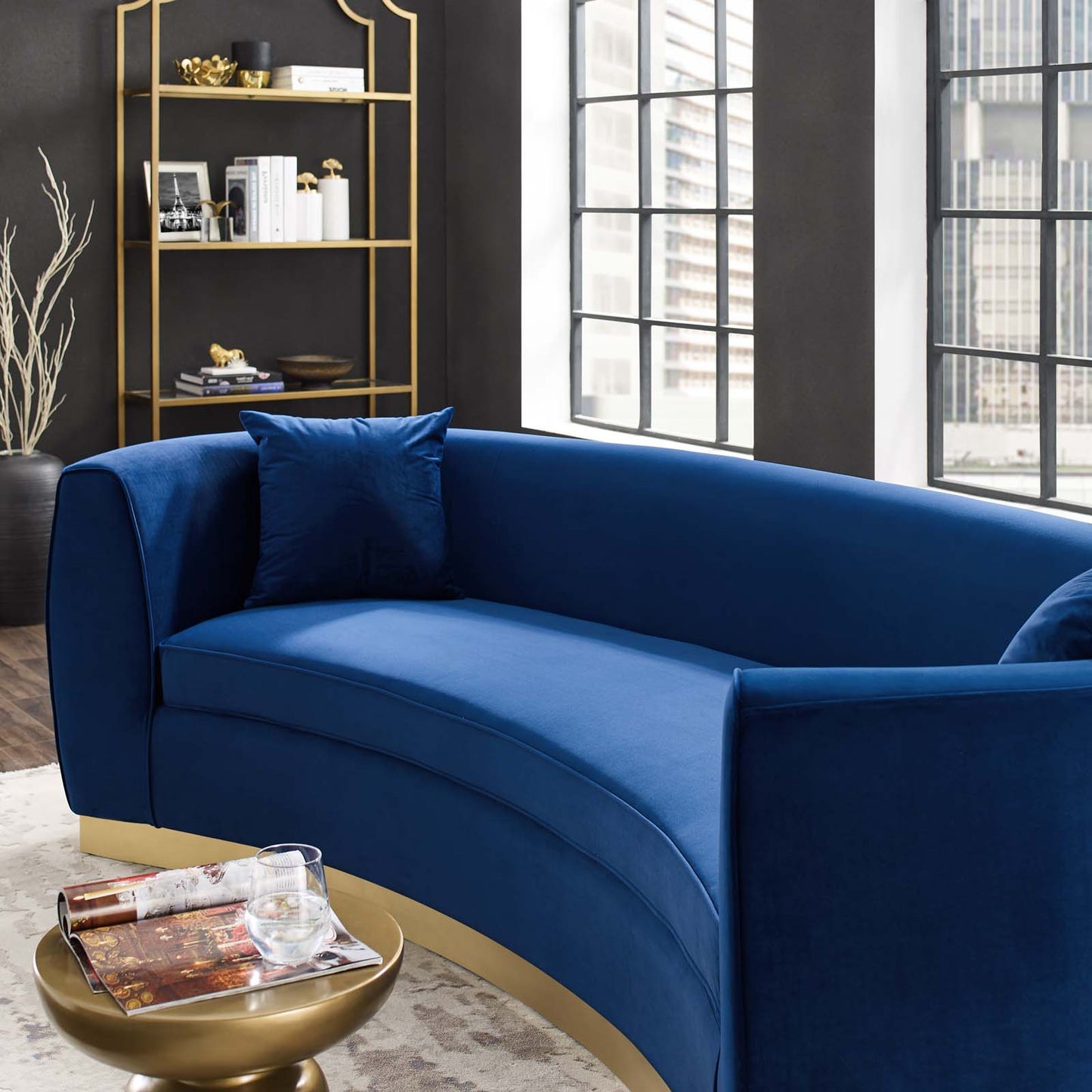 Resolute Curved Performance Velvet Sofa, Velvet Fabric Metal Steel, Navy Blue, 17358