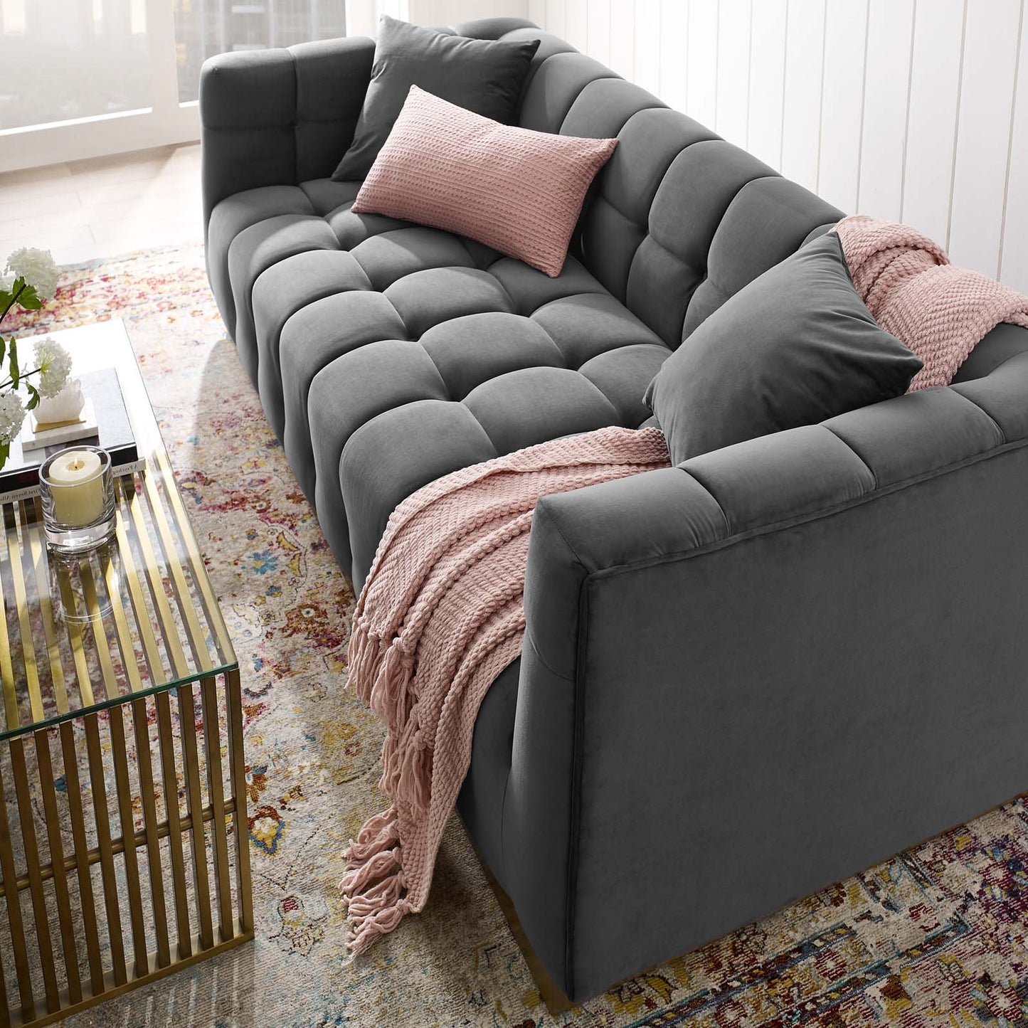 Vivacious Biscuit Tufted Performance Velvet Sofa, Velvet Fabric Metal Steel, Grey Gray, 17360
