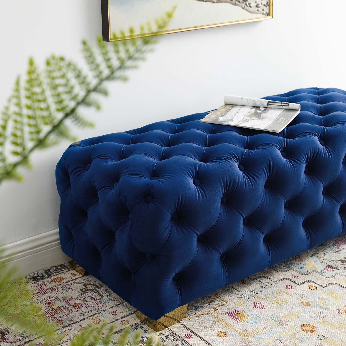 Sensible Button Tufted Performance Velvet Bench, Velvet Fabric Metal Steel, Navy Blue, 17368