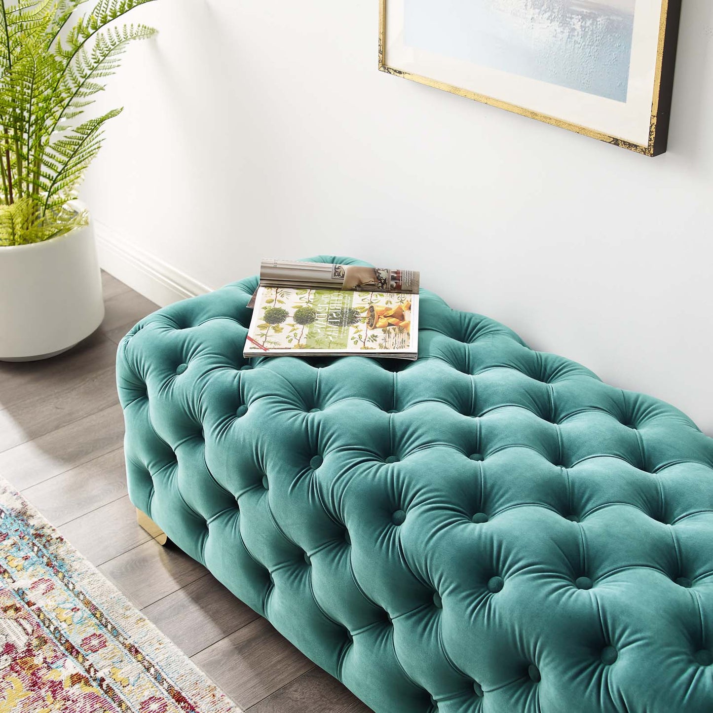 Sensible Button Tufted Performance Velvet Bench, Velvet Fabric Metal Steel, Aqua Blue, 17369