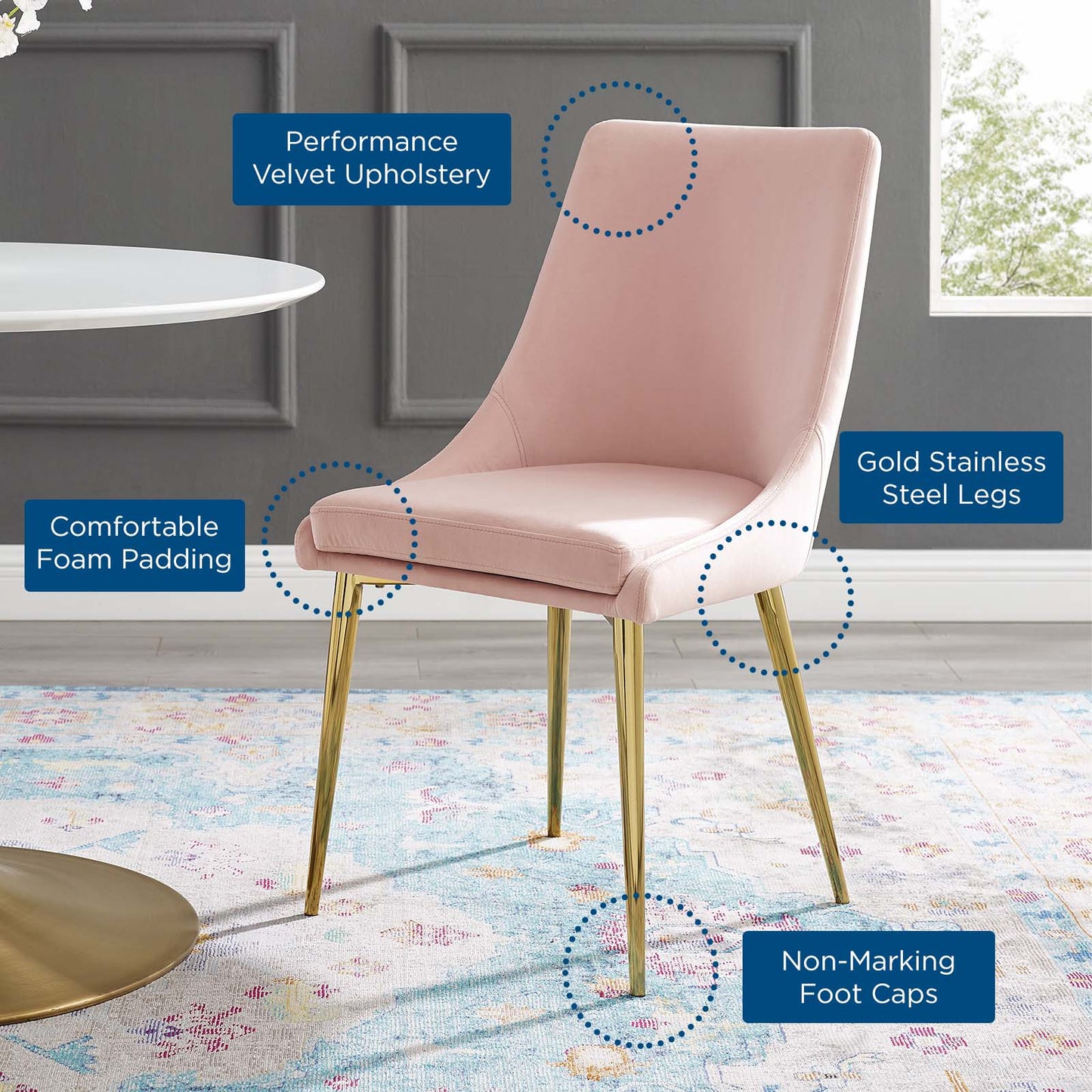 Viscount Modern Accent Performance Velvet Dining Chair, Velvet, Metal Steel, Pink, 18193