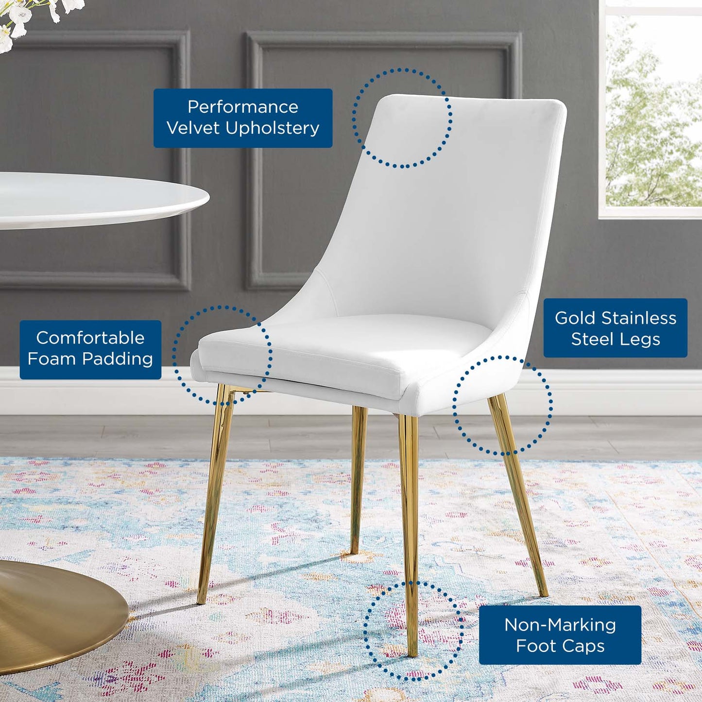 Viscount Modern Accent Performance Velvet Dining Chair, Velvet, Metal Steel, White, 18194