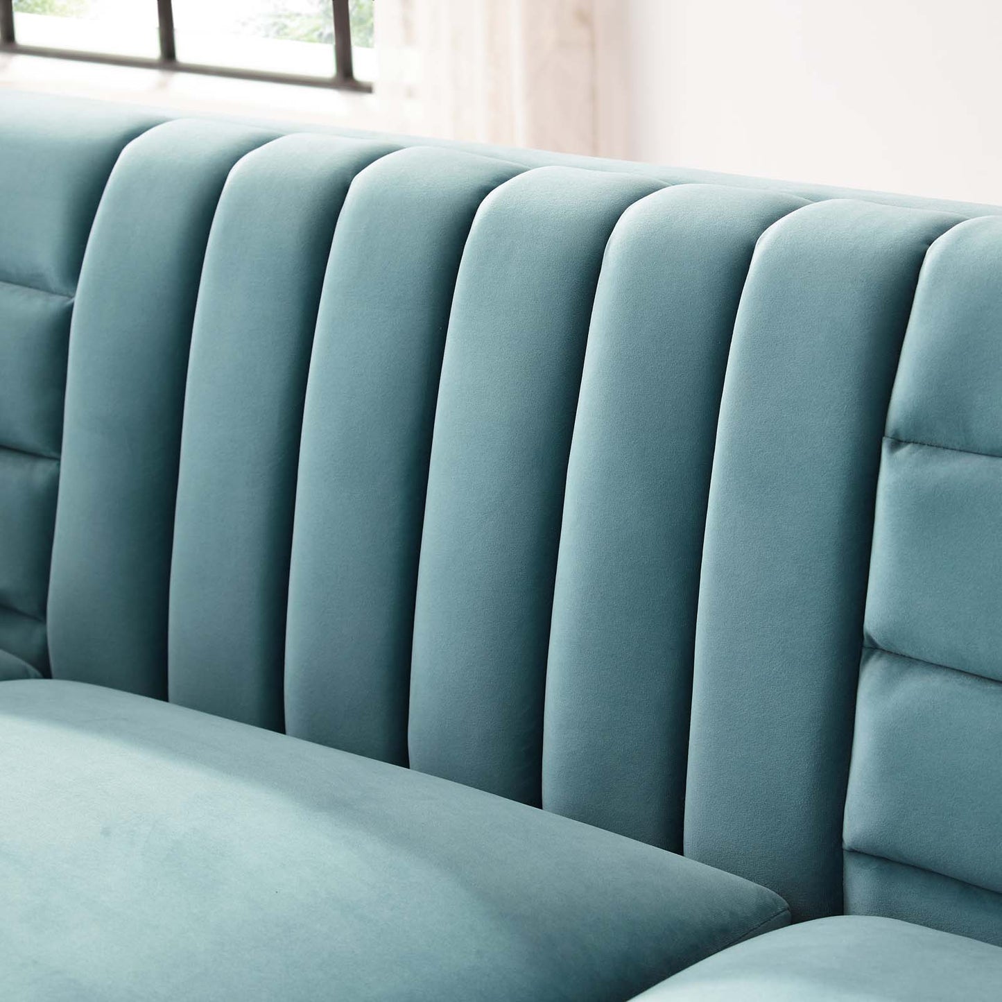 Ingenuity Channel Tufted Performance Velvet Sofa, Velvet Fabric Metal Steel, Light Blue, 17404