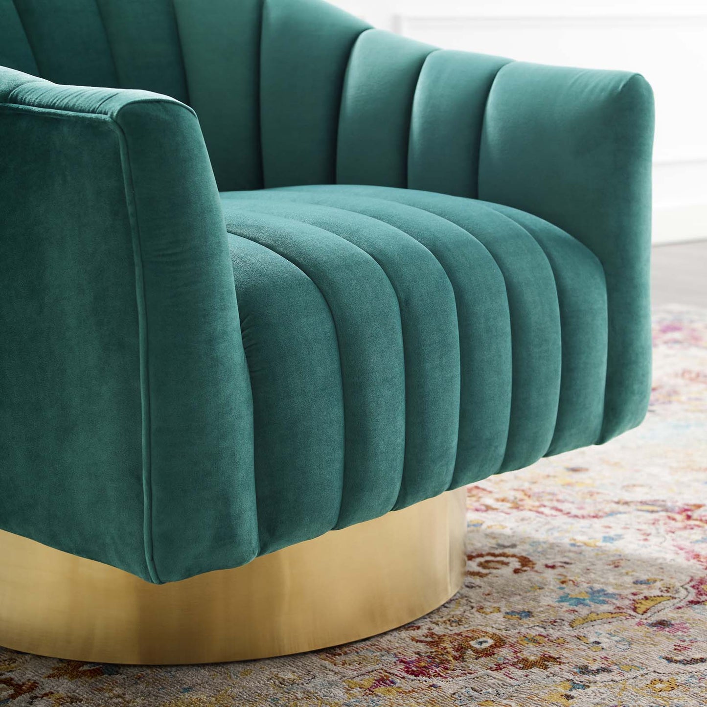 Buoyant Vertical Channel Tufted Accent Lounge Performance Velvet Swivel Chair, Velvet Fabric Metal Steel, Aqua Blue, 17422