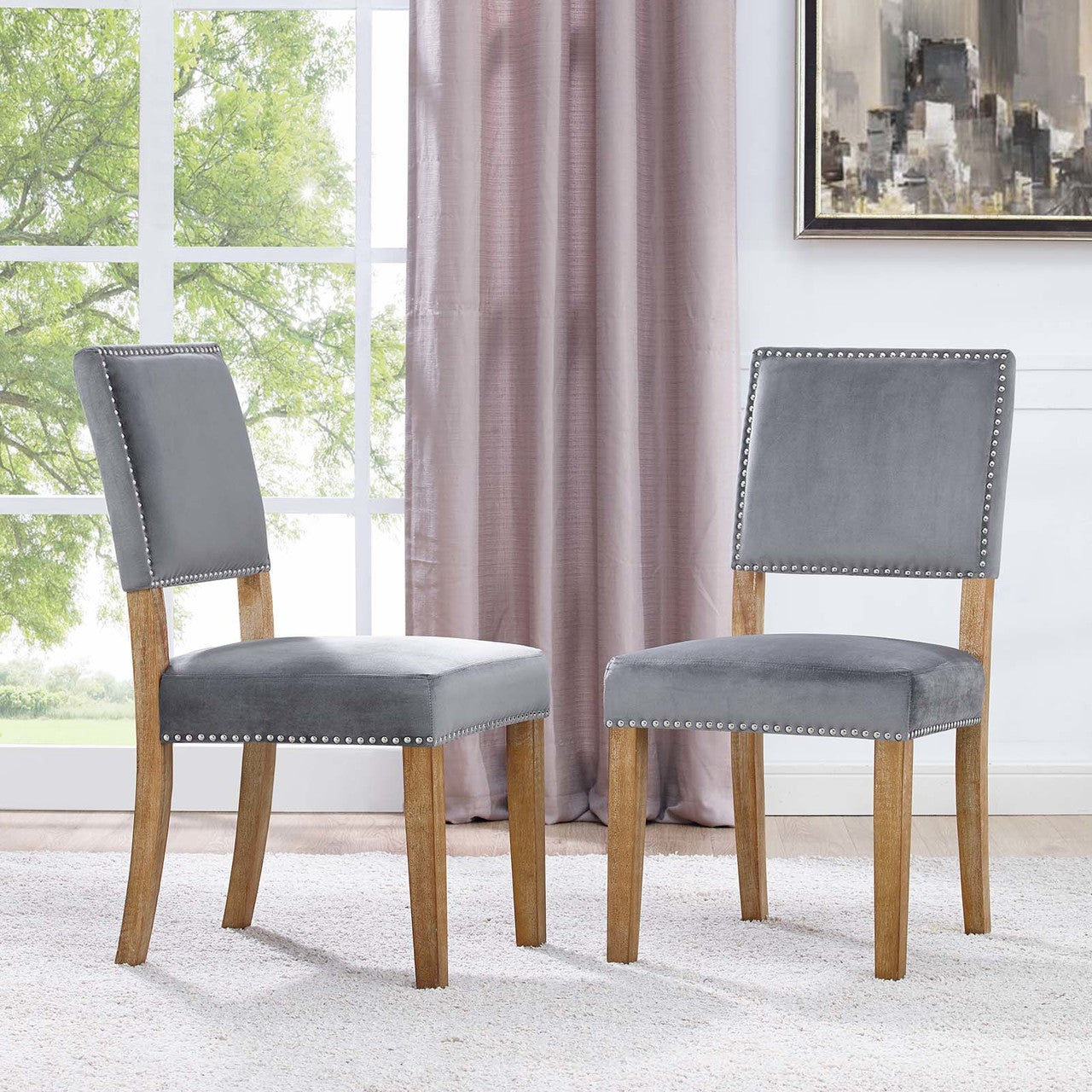 Oblige Dining Chair Wood Set of 2, Velvet Fabric Wood, Grey Gray 15440