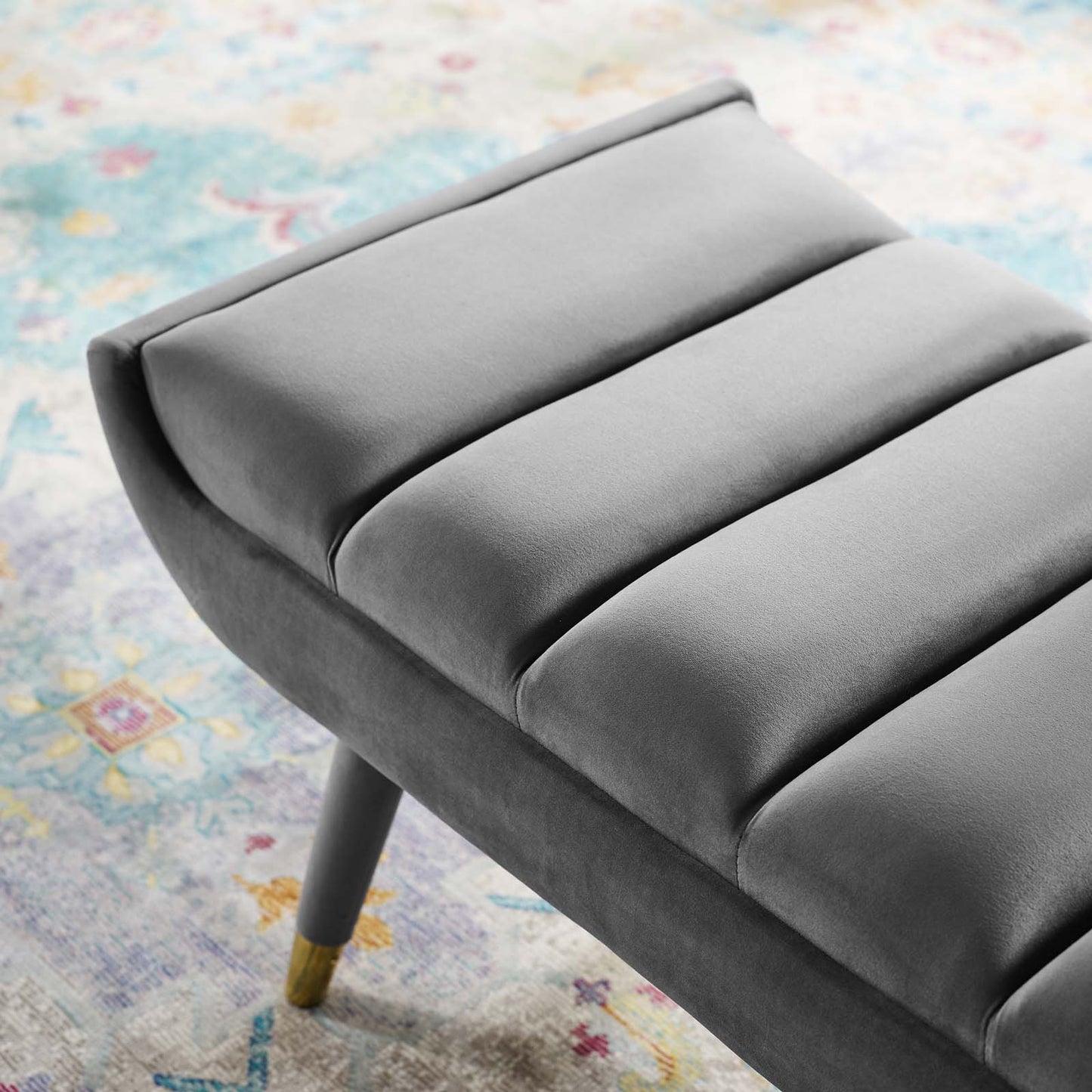 Guess Channel Tufted Performance Velvet Accent Bench, Velvet Fabric, Grey Gray, 17434