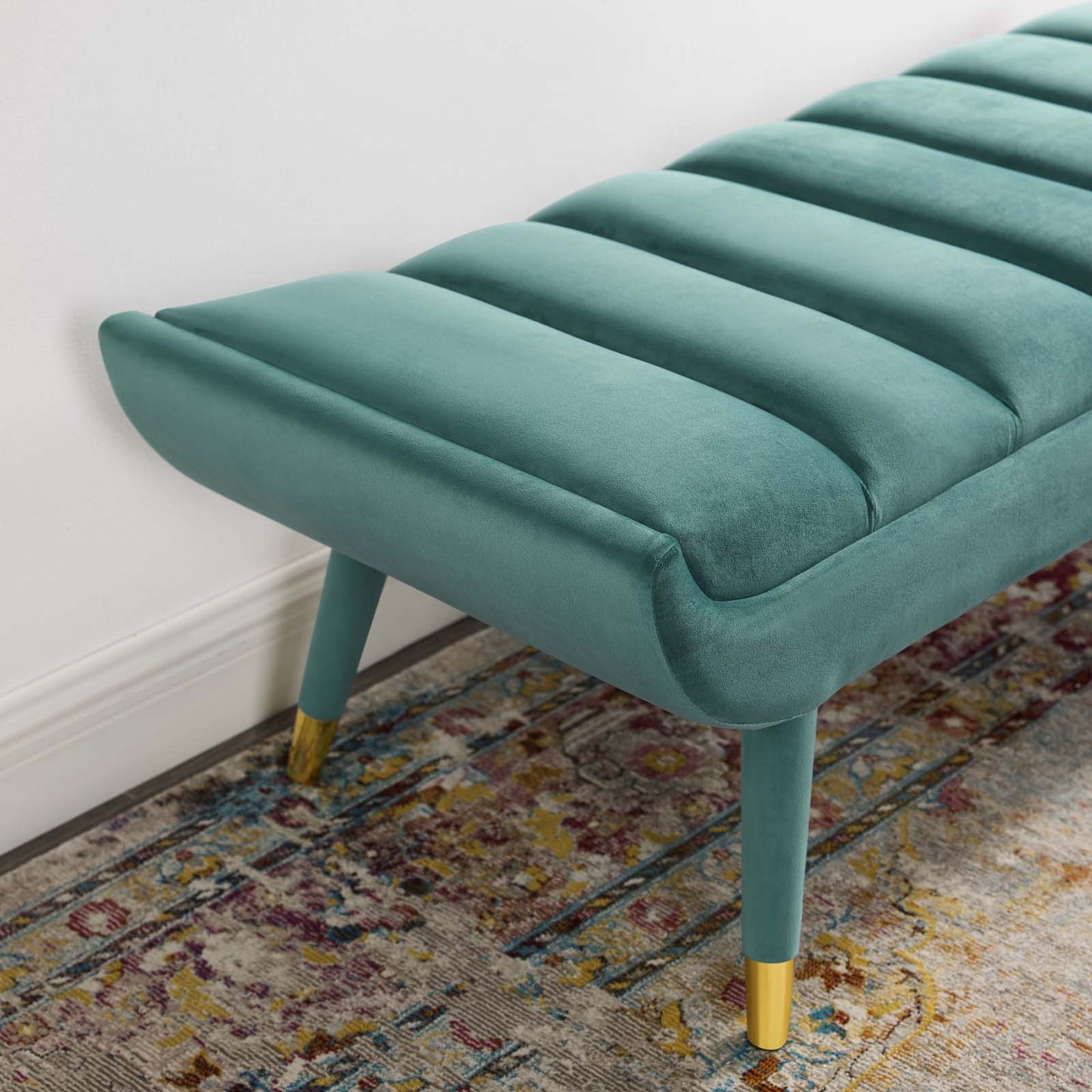 Guess Channel Tufted Performance Velvet Accent Bench, Velvet Fabric, Aqua Blue, 17435