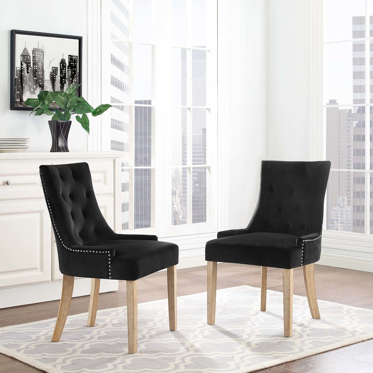 Pose Dining Chair Velvet Set of 2, Velvet Fabric Wood, Black 15469