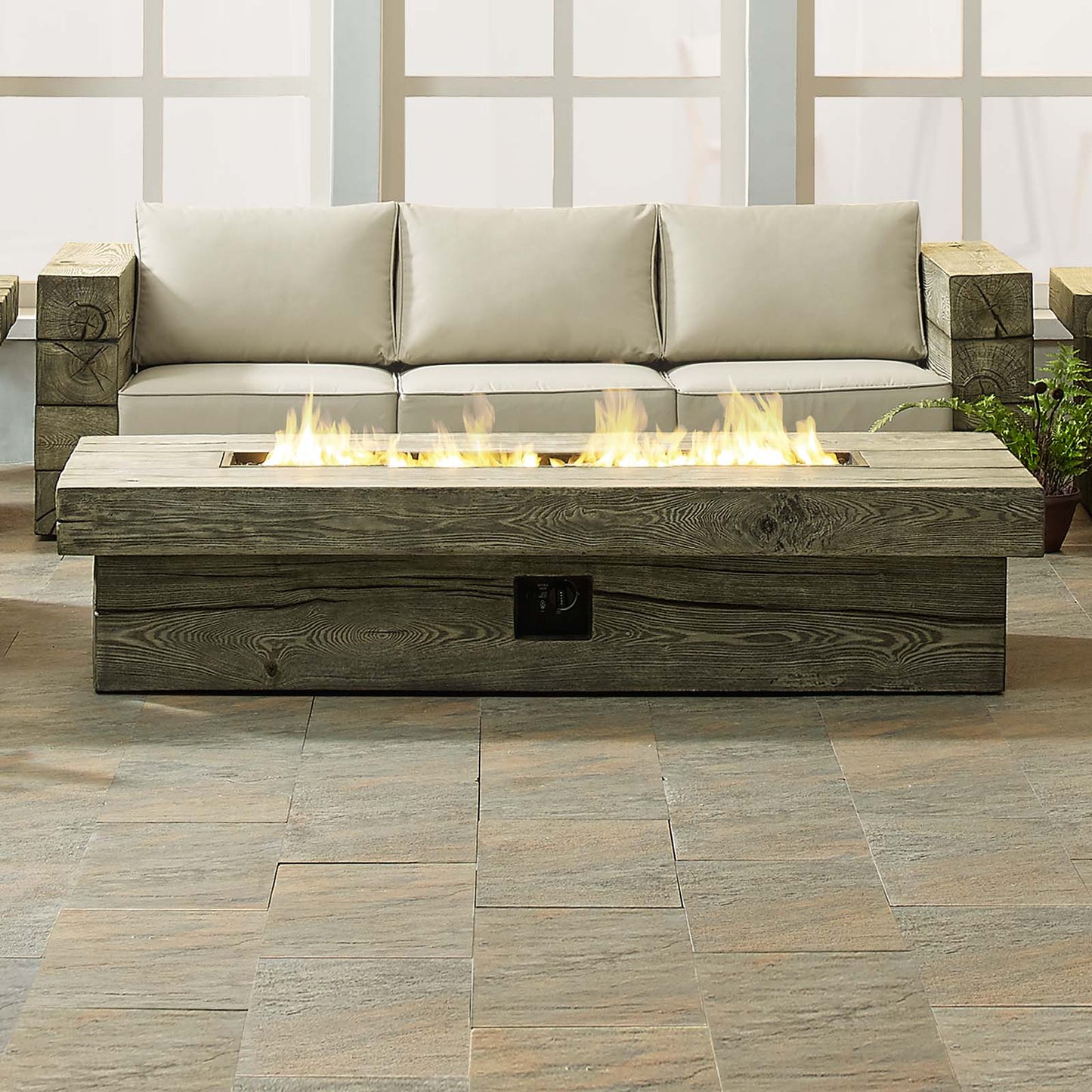 Manteo 70" Rectangular Outdoor Patio Fire Pit Table, Simulated Wood, Light Grey Gray, 18212