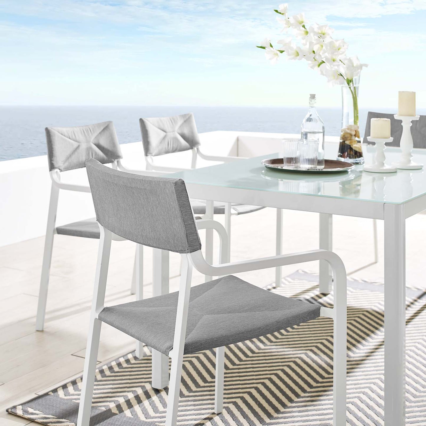 Raleigh Stackable Outdoor Patio Aluminum Dining Armchair, Fabric Aluminum, White Grey Gray, 17828