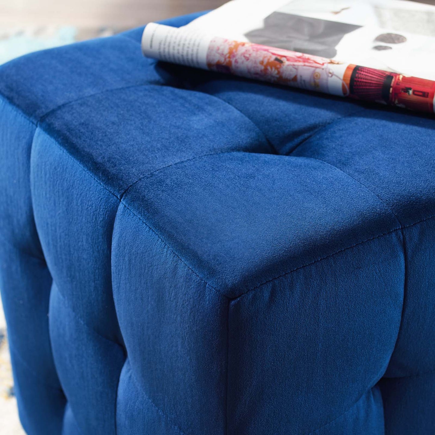 Contour Tufted Cube Performance Velvet Ottoman, Velvet Fabric, Navy Blue, 17835