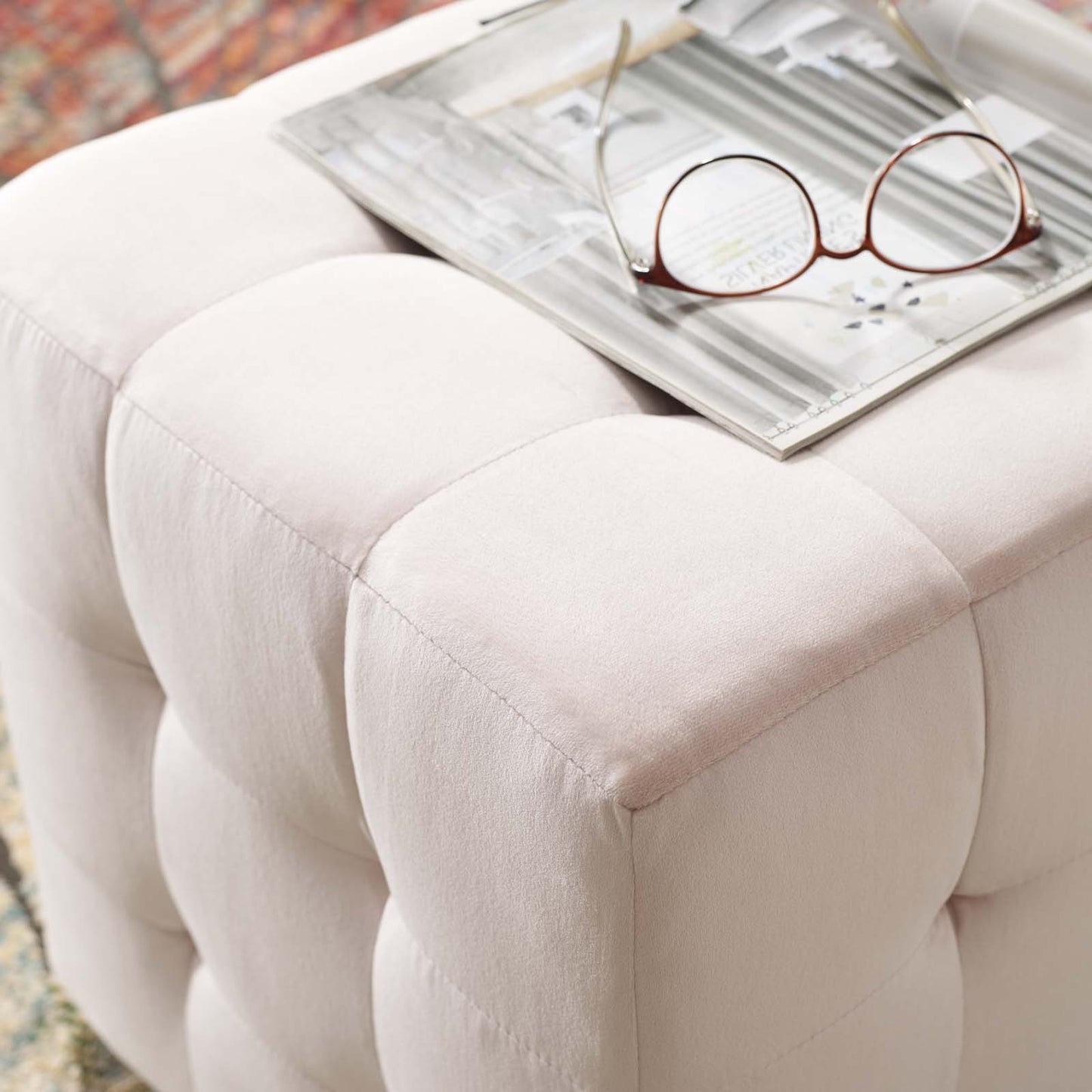 Contour Tufted Cube Performance Velvet Ottoman, Velvet Fabric, Pink, 17836