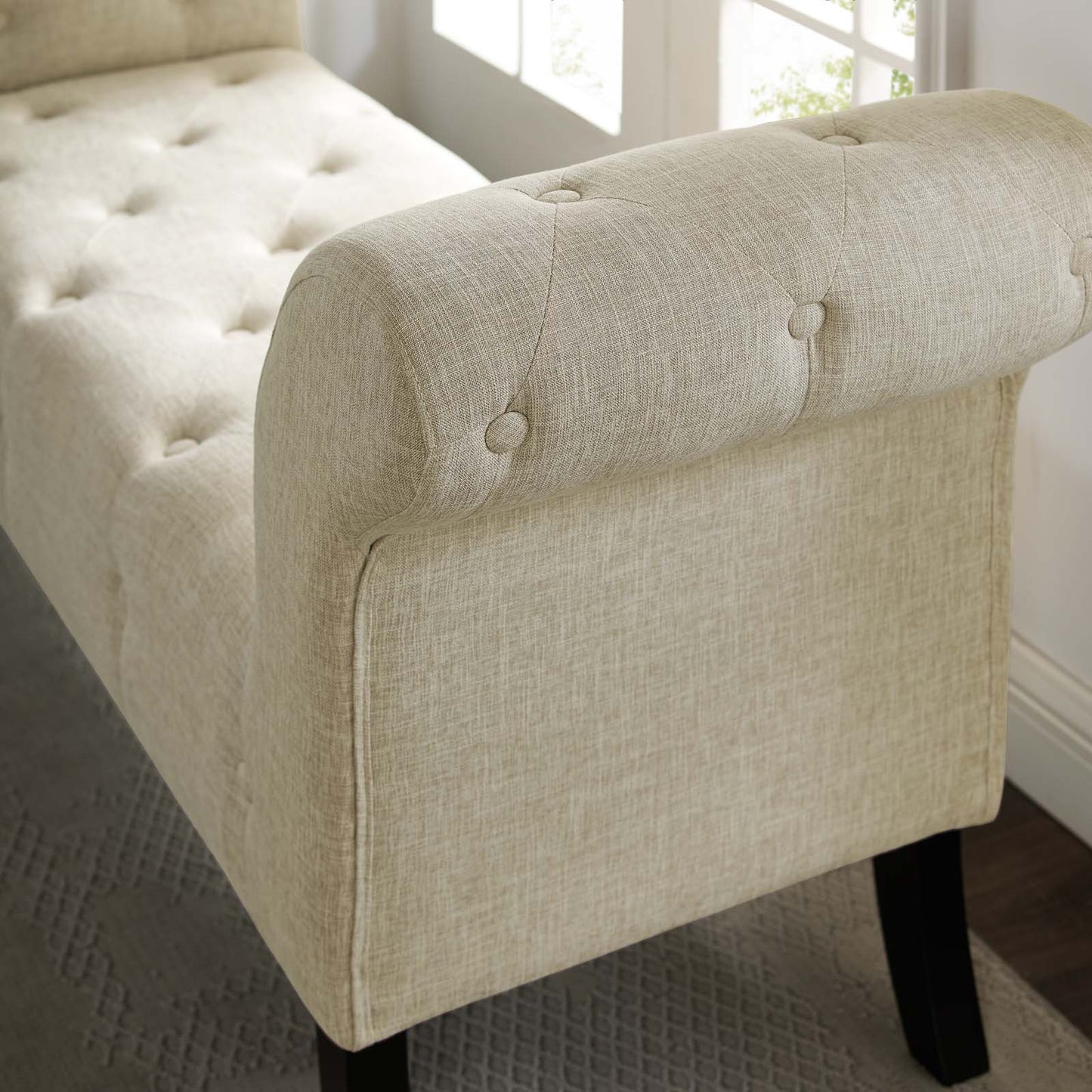 Evince Button Tufted Accent Upholstered Fabric Bench, Fabric, Beige, 17838