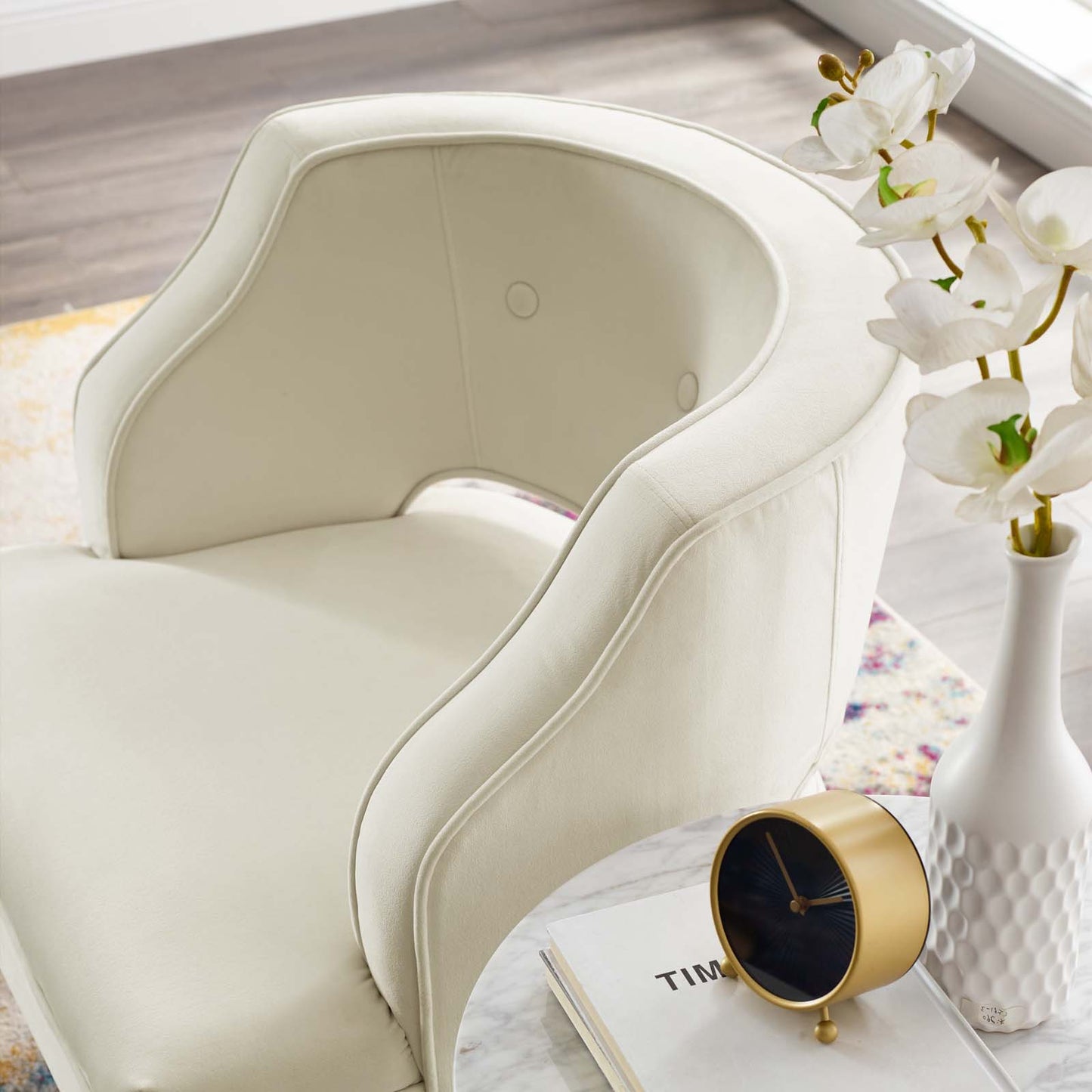 Traipse Button Tufted Open Back Performance Velvet Armchair, Velvet Fabric, Ivory White, 17843