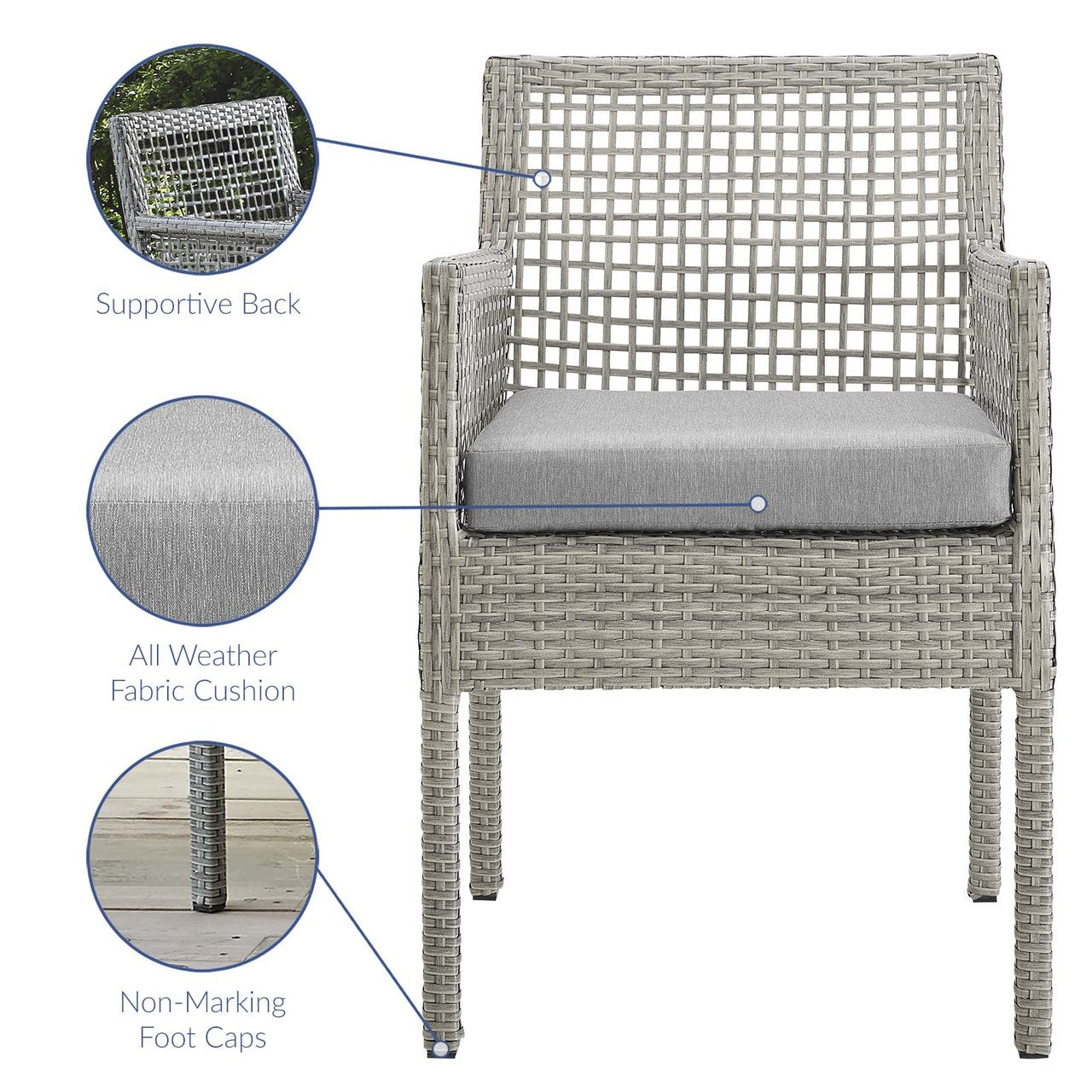 Aura Dining Armchair Outdoor Patio Wicker Rattan Set of 4, Rattan Wicker, Grey Gray 15887