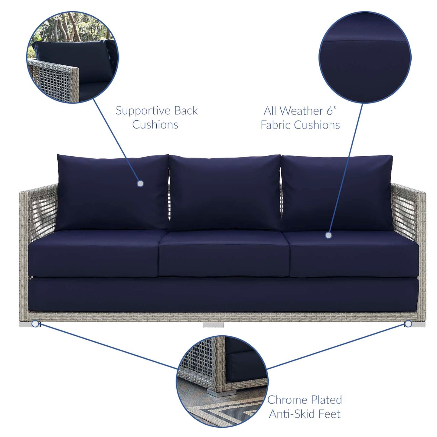 Aura 3 Piece Outdoor Patio Wicker Rattan Set, Rattan Wicker Fabric, Grey Gray Navy Blue, 17522