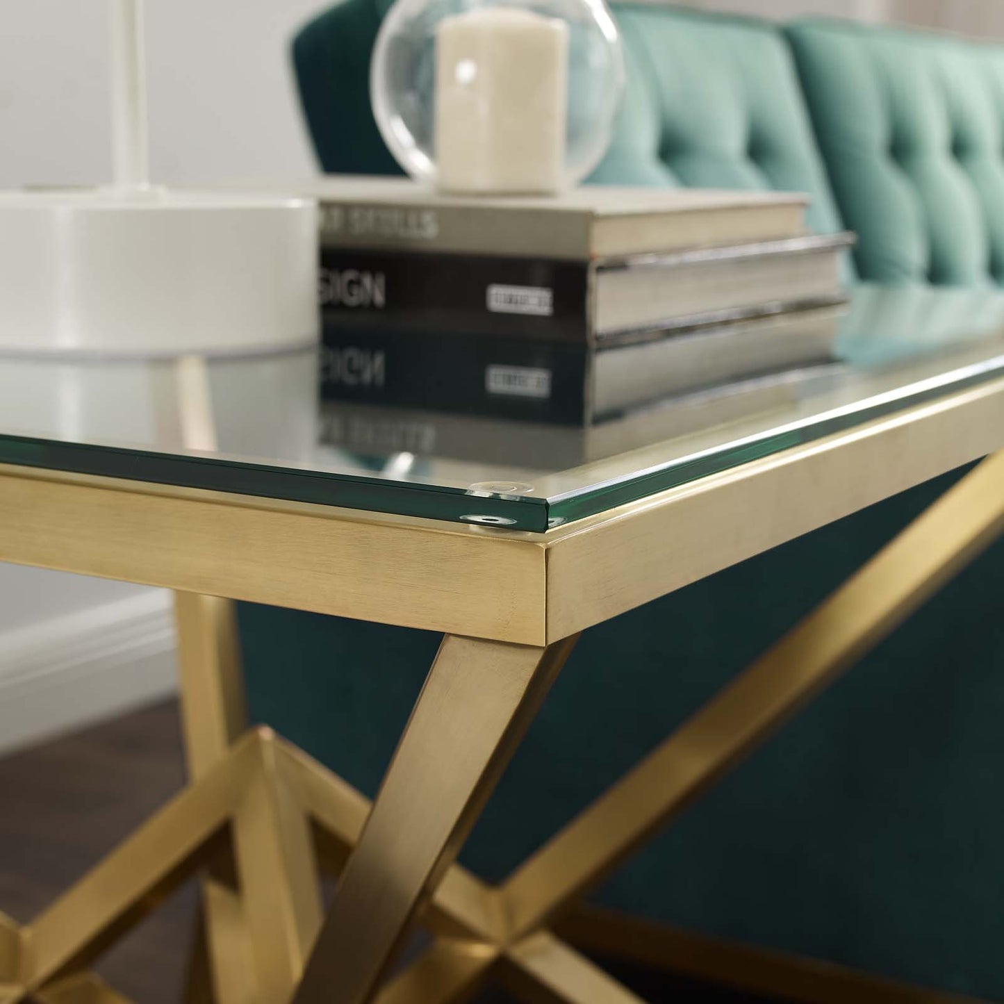 Point 25.5" Brushed Gold Metal Stainless Steel Side Table, Glass Metal Stainless Steel, Gold, 17864