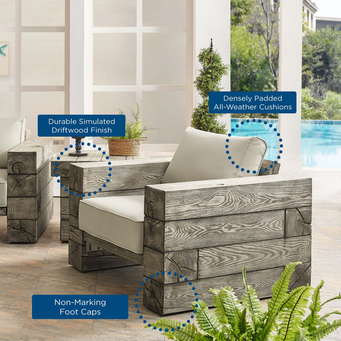 Manteo Rustic Coastal Outdoor Patio Sunbrella® Lounge Armchair Set of 2, Simulated Wood, Light Grey Gray Beige, 18268