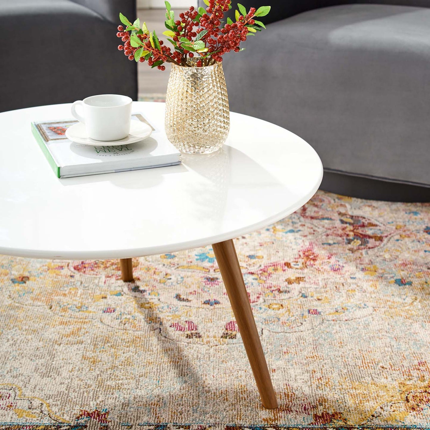 Lippa 28" Round Wood Top Coffee Table with Tripod Base, Wood Metal Steel, White Natural Walnut, 17879