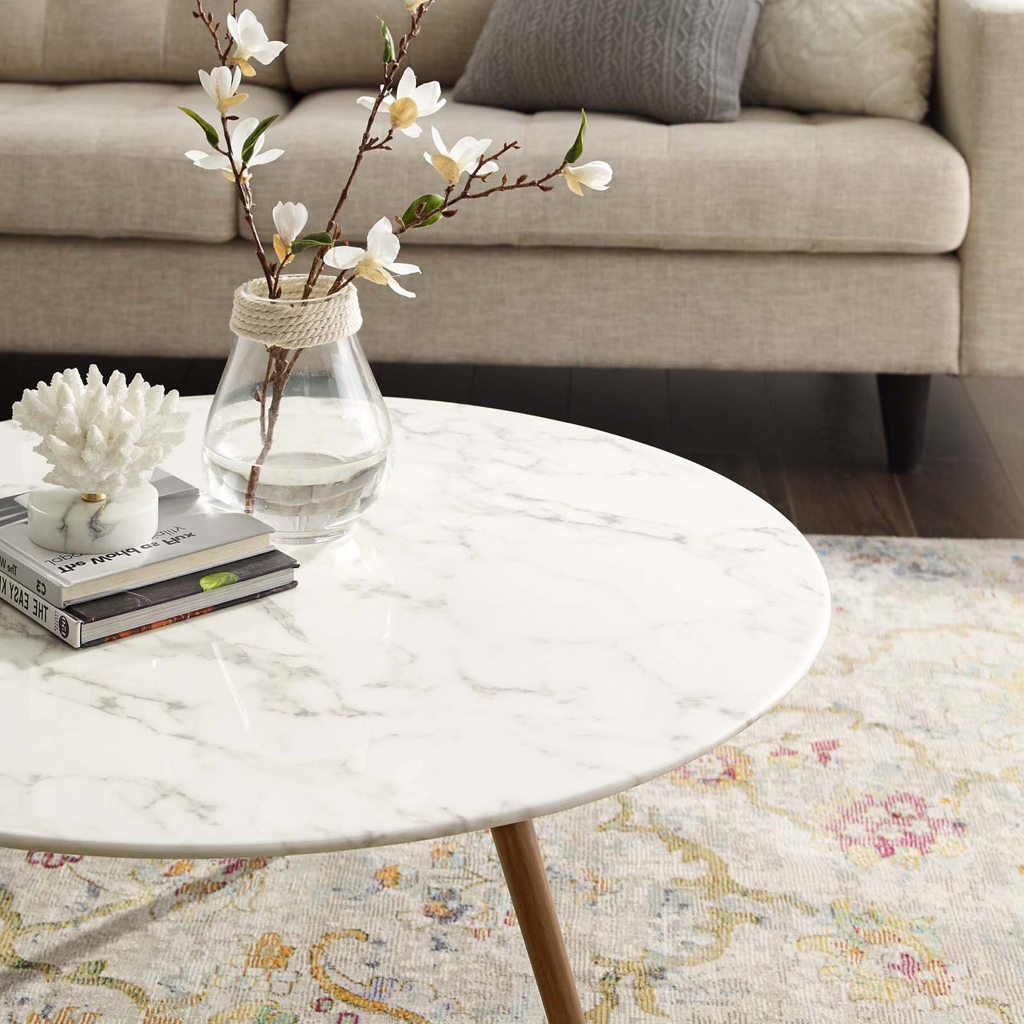 Lippa 36" Round Artificial Marble Coffee Table with Tripod Base, Artificial Marble Stone Metal, White Natural Walnut, 17882